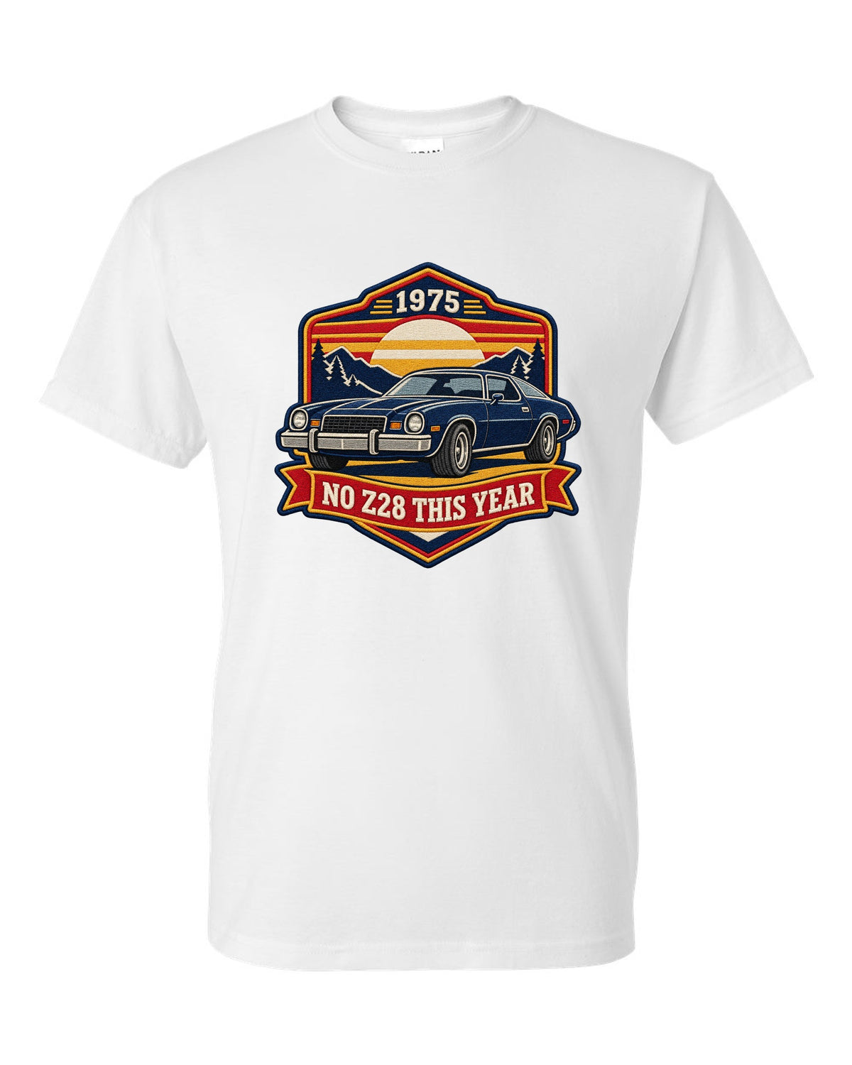 1975 Camaro second-generation in an embroidery patch style crest with the text No Z28 This Year white t-shirt front view with the design