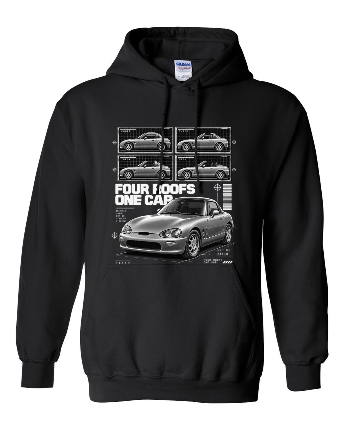 Dossier panel print of a Suzuki Cappuccino EA11R kei roadster black pull over hoodie front view with the design