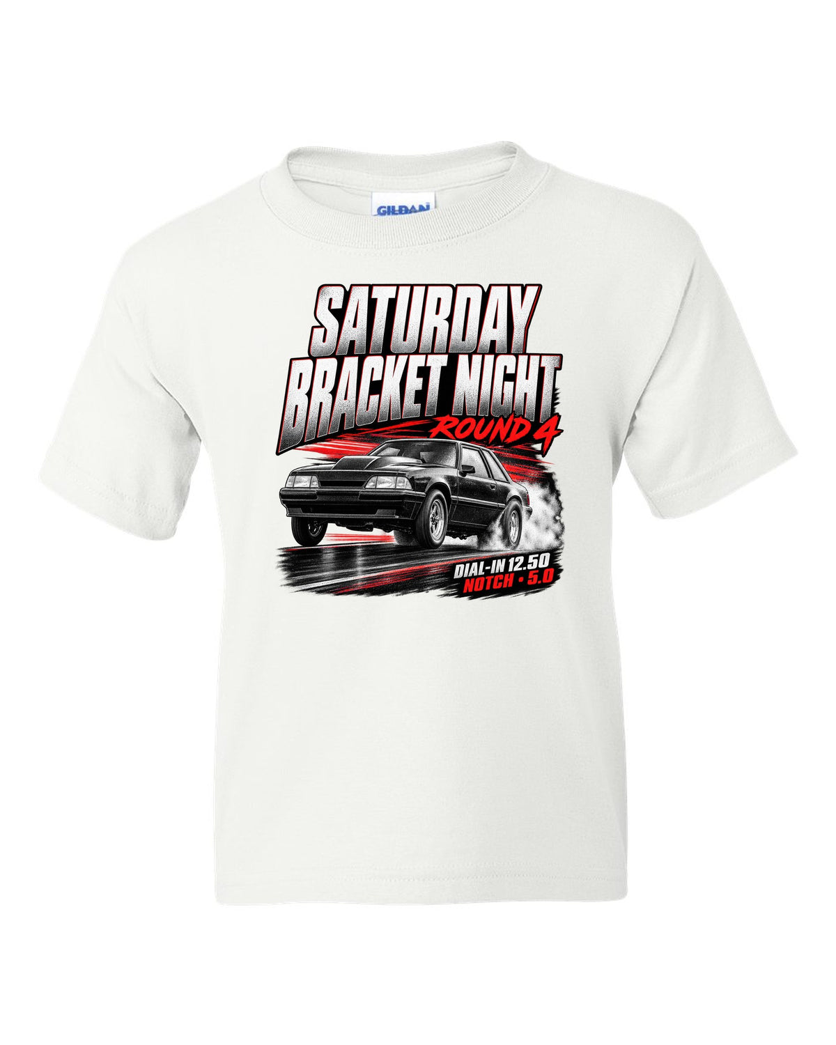 Race poster illustration of a Fox body Mustang notchback drag build for bracket night round 4 white kids tee front view with the design