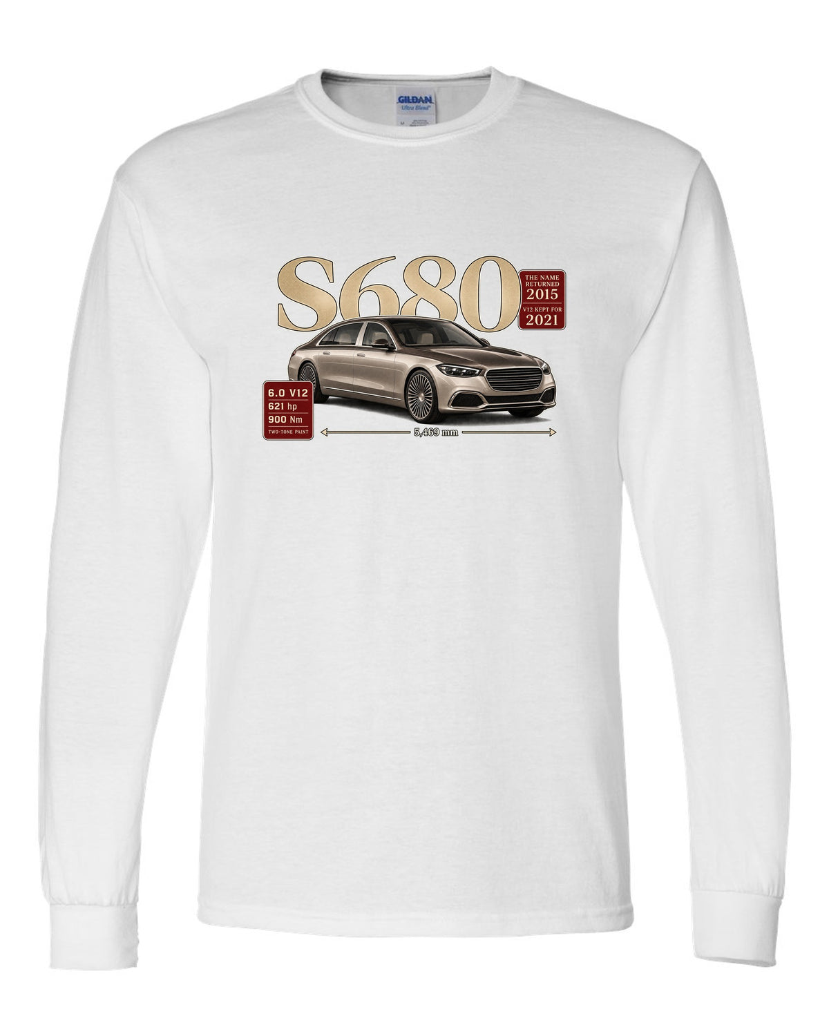 print archive panel of a Mercedes-Maybach S680 Z223 three-quarter with serif title white long sleeve front view with the design