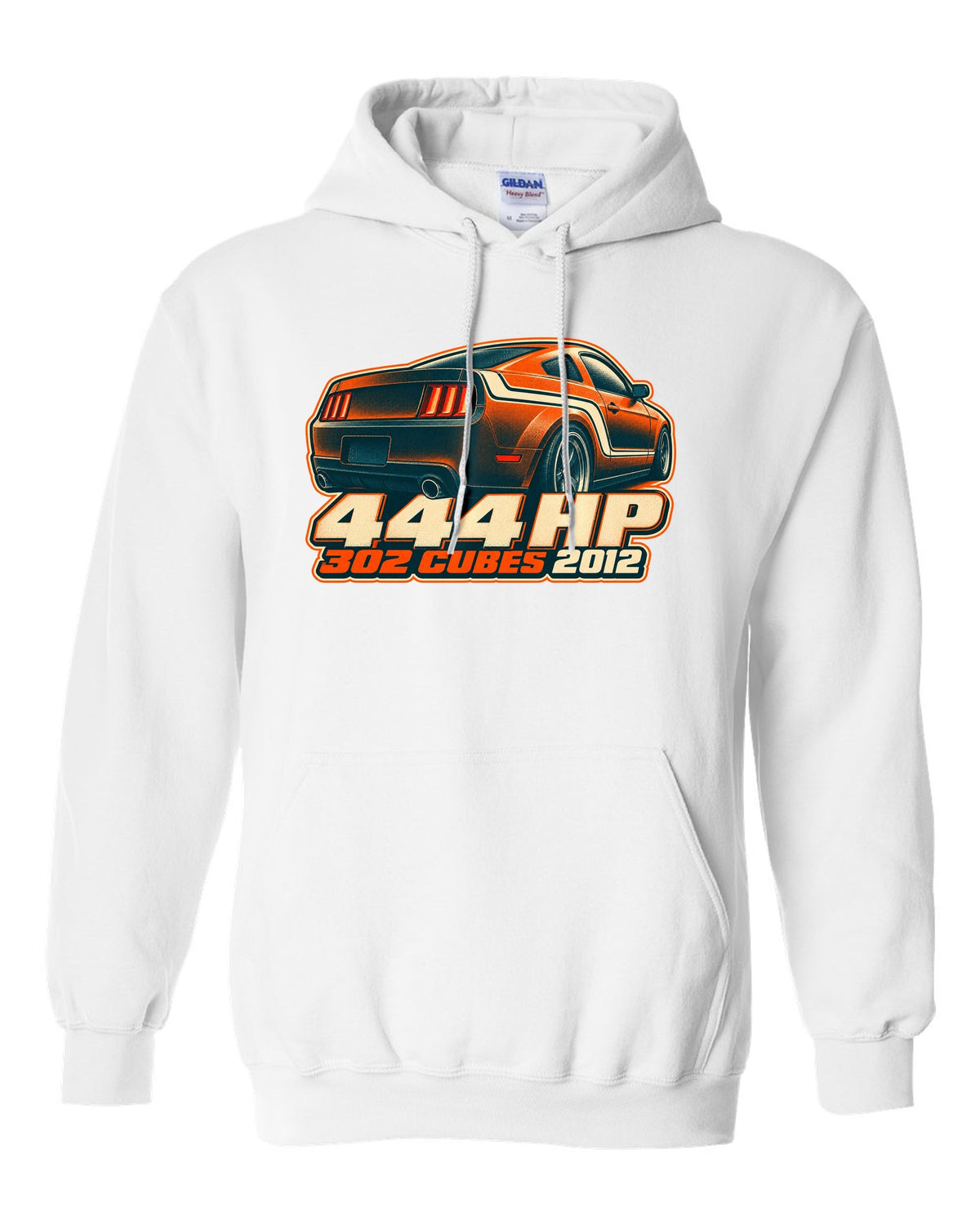 Risograph halftone stripe macro of a 2005-2014 S197 Ford Mustang with 444 HP text white pull over hoodie front view with the design