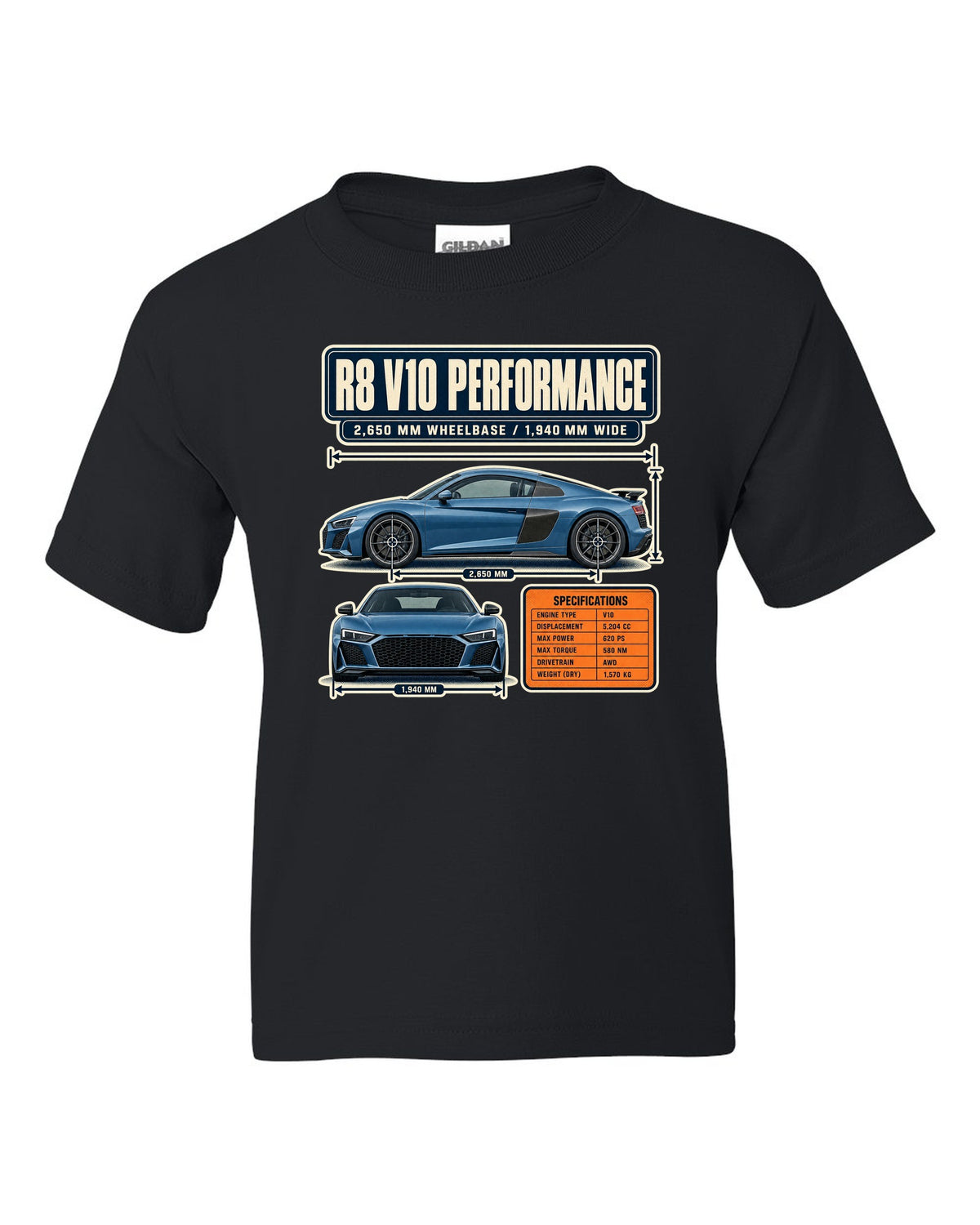 Audi R8 V10 performance Type 4S dimension blueprint print design black kids tee front view with the design