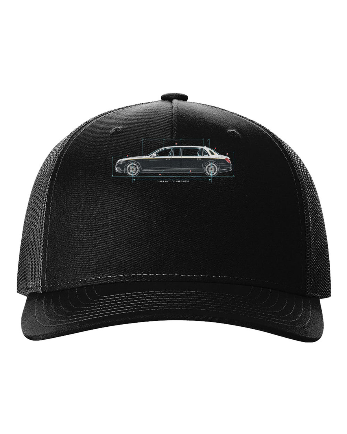 Maybach 62 S W240 Limousine Side Blueprint Tee black hat front view with the design