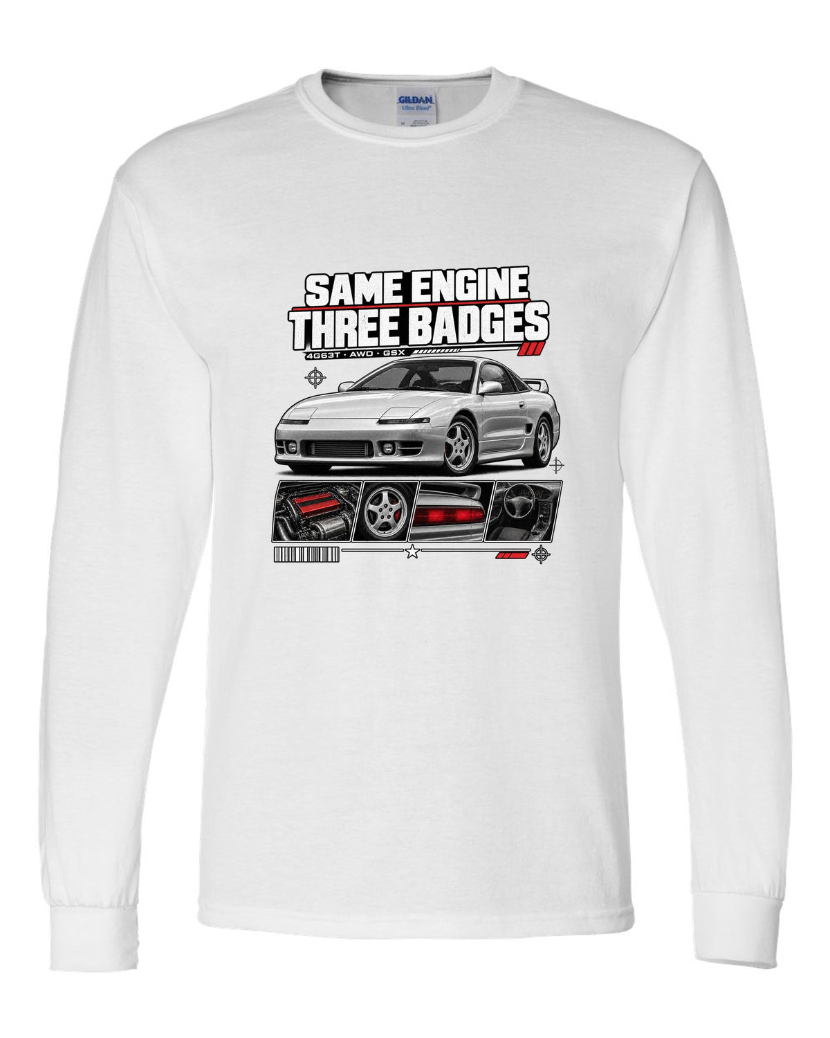 Mitsubishi Eclipse GSX 2G dossier panels with same engine three badges 4G63T text white long sleeve front view with the design