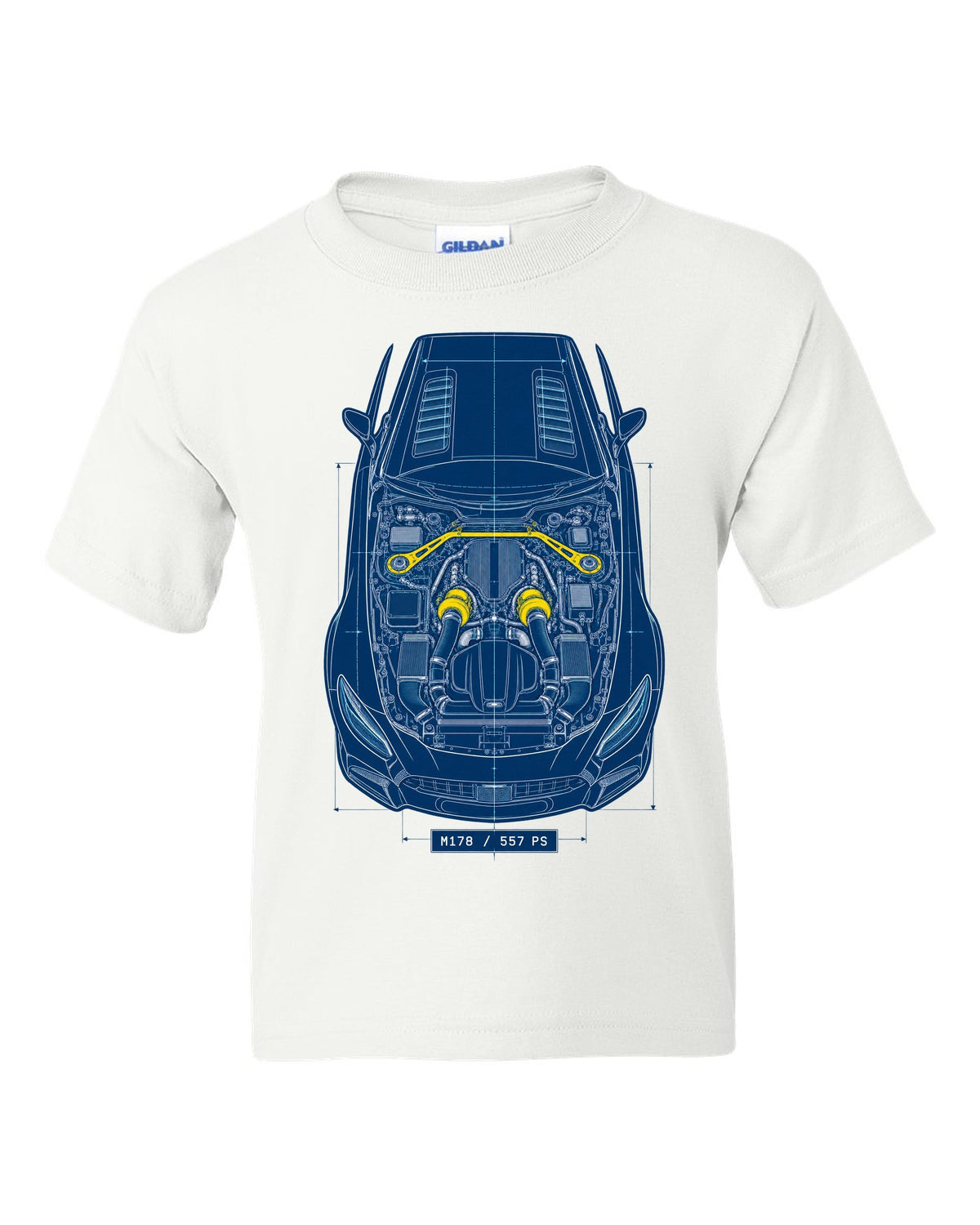 Neon synthwave illustration of Mercedes AMG GT R C190 tail lights with M178 4.0 Biturbo text white kids tee front view with the design