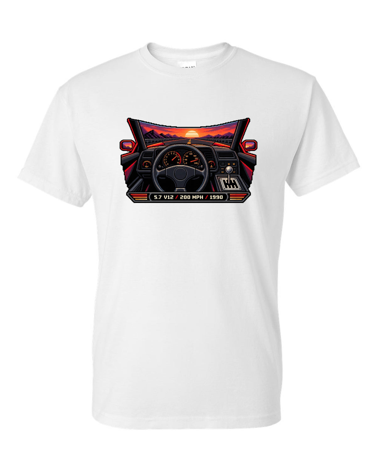 Pixel art Lamborghini Diablo from 1990 with gated shifter and 5.7 V12 200 MPH lettering white t-shirt front view with the design