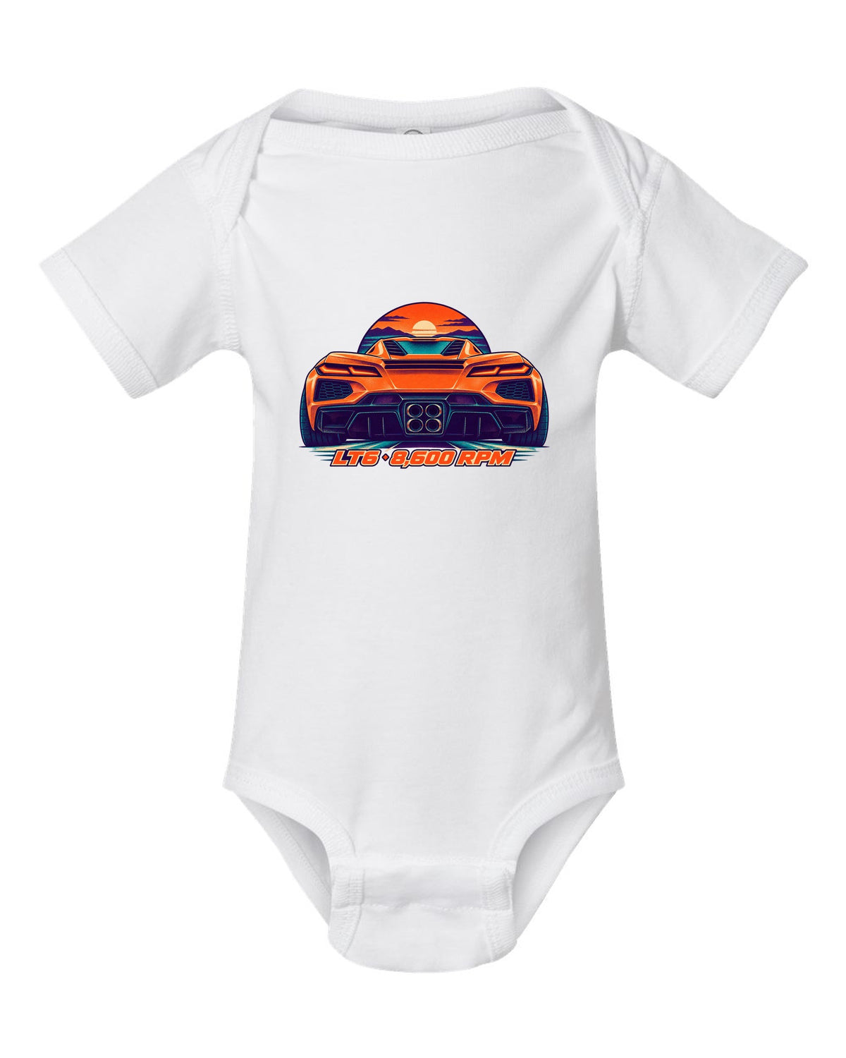 Risograph-style print of a Chevrolet Corvette C8 Z06 with quad exhaust tips and LT6 8,600 RPM lettering white baby onesie front view with the design
