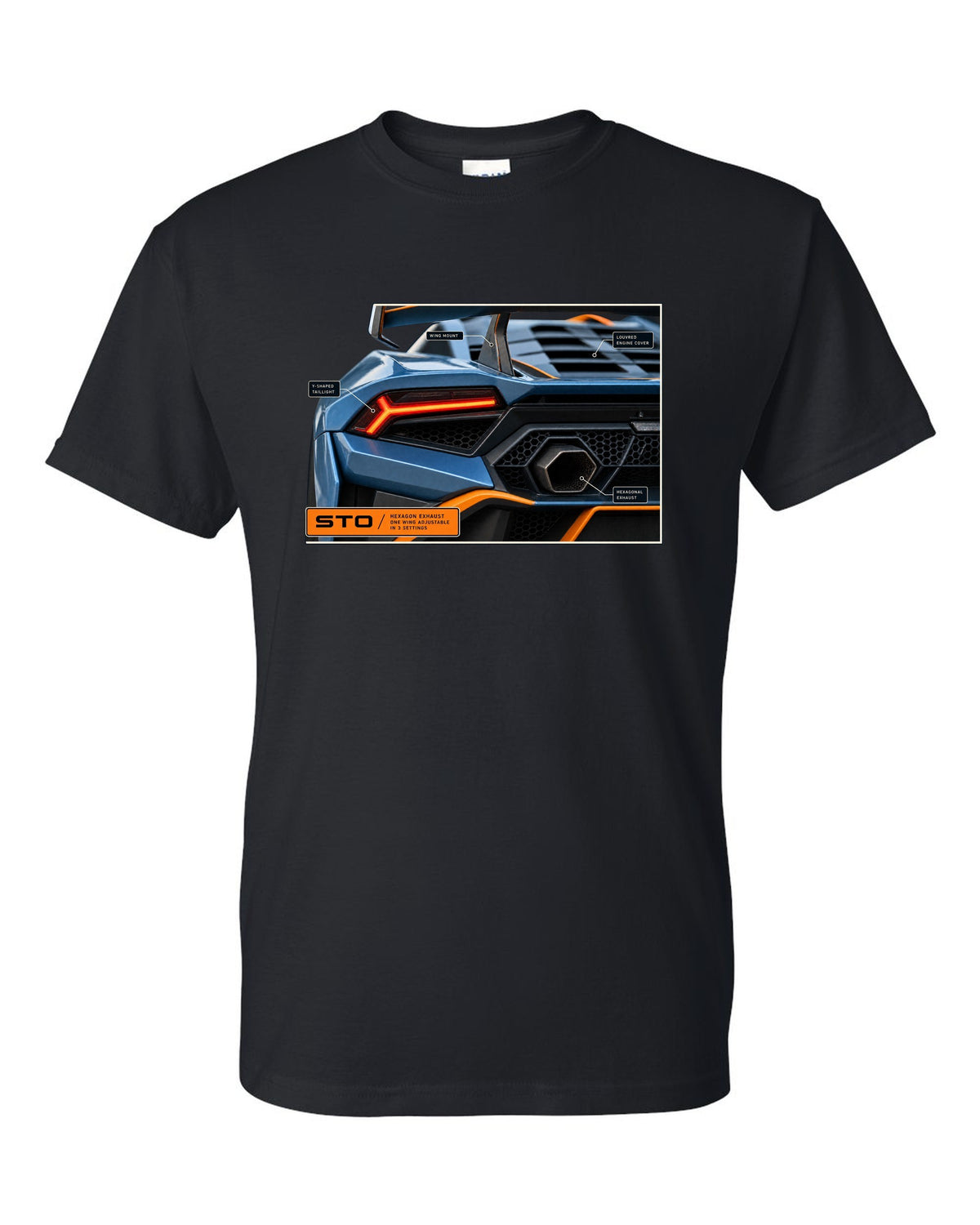 Taillight and hexagon exhaust macro print of the Lamborghini Huracan STO black t-shirt front view with the design