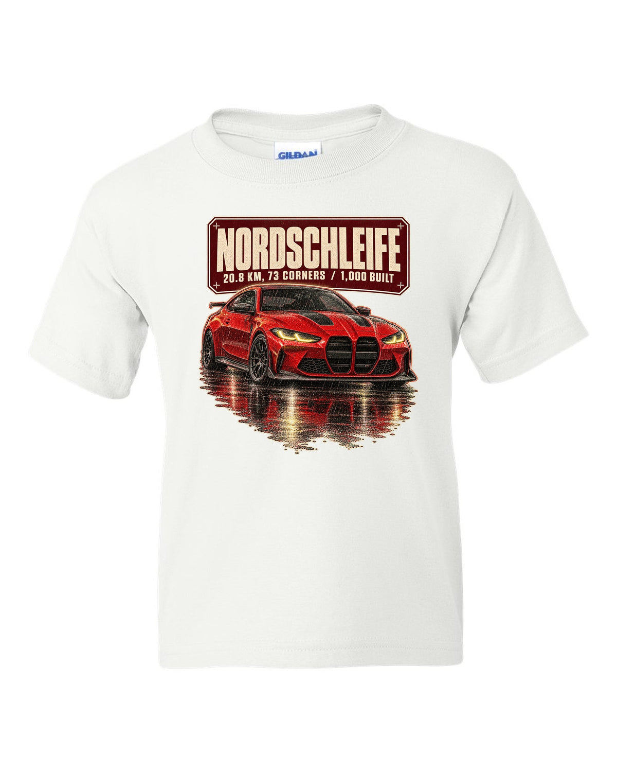 BMW M4 CSL G82 Nordschleife night scene print white kids tee front view with the design
