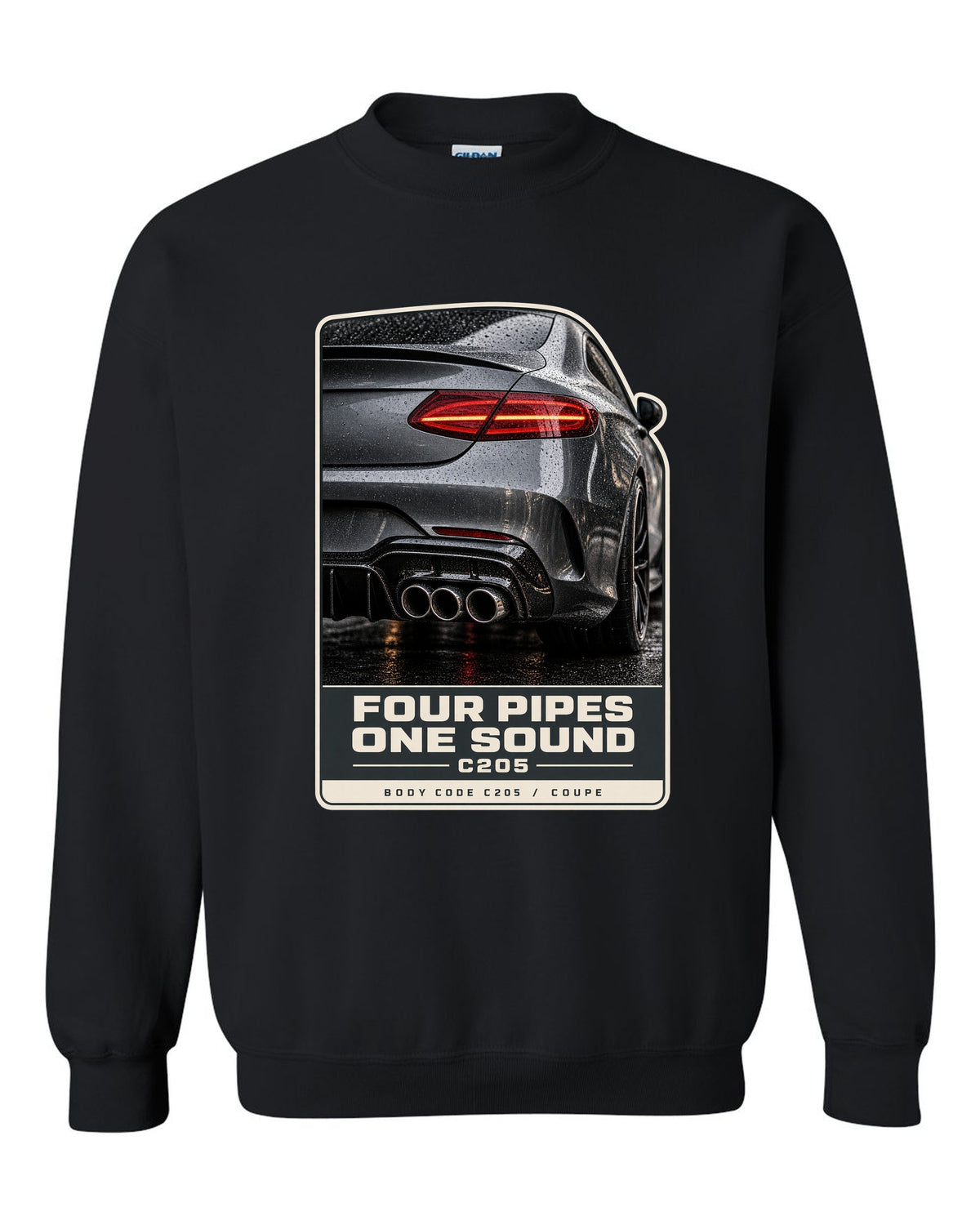 Mercedes-AMG C63 Coupe C205 rear taillight and four-pipe exhaust macro black crewneck front view with the design