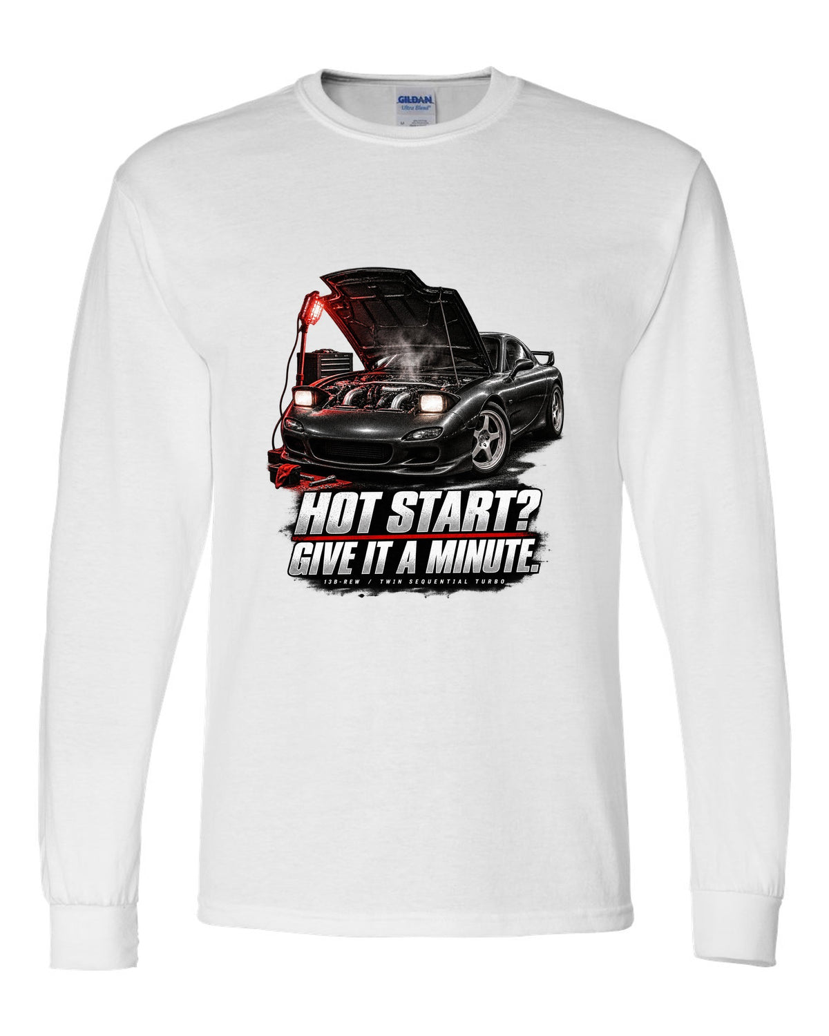 Garage night print of a Mazda RX-7 FD3S with hot start joke and 13B-REW lettering white long sleeve front view with the design