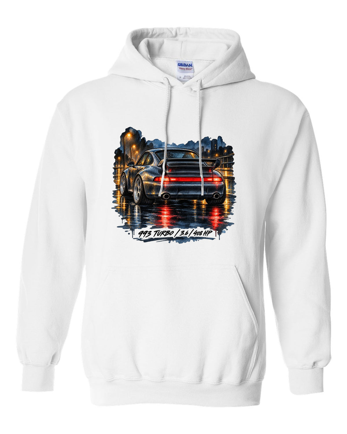 Spec sheet data plate design for the 1978 Porsche 911 Turbo 3.3 930 white pull over hoodie front view with the design