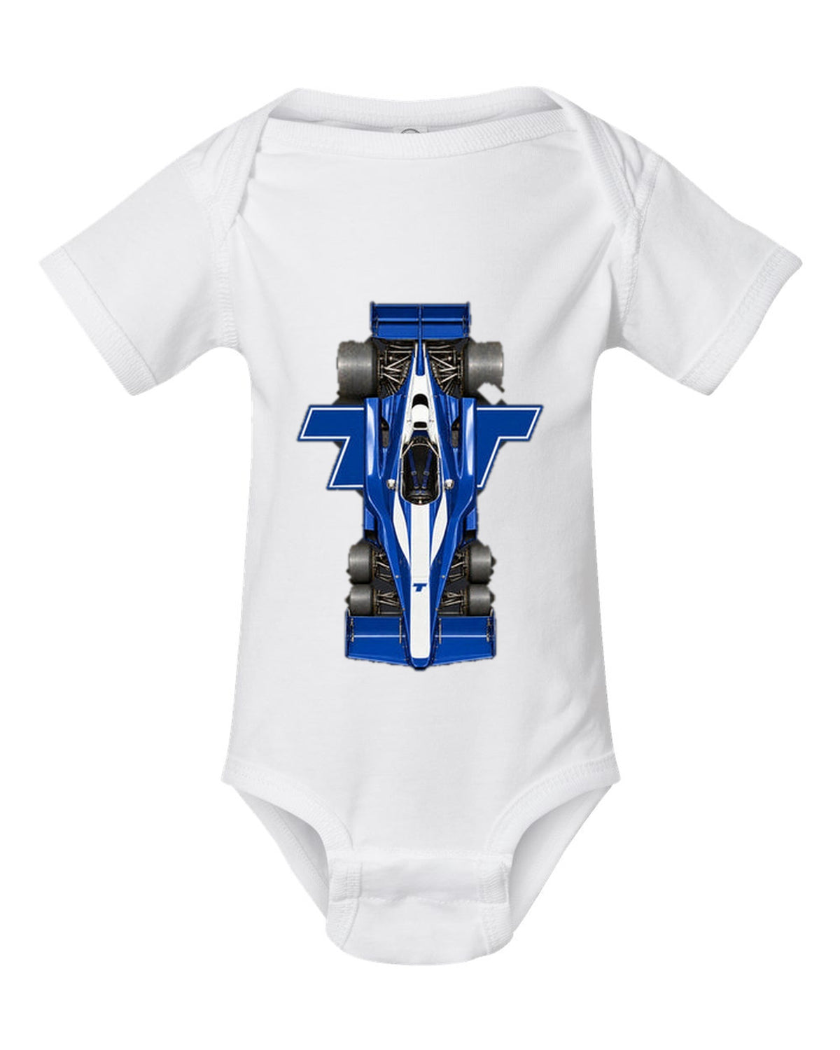 Tyrrell P34 1976 Formula 1 overhead poster artwork white baby onesie front view with the design