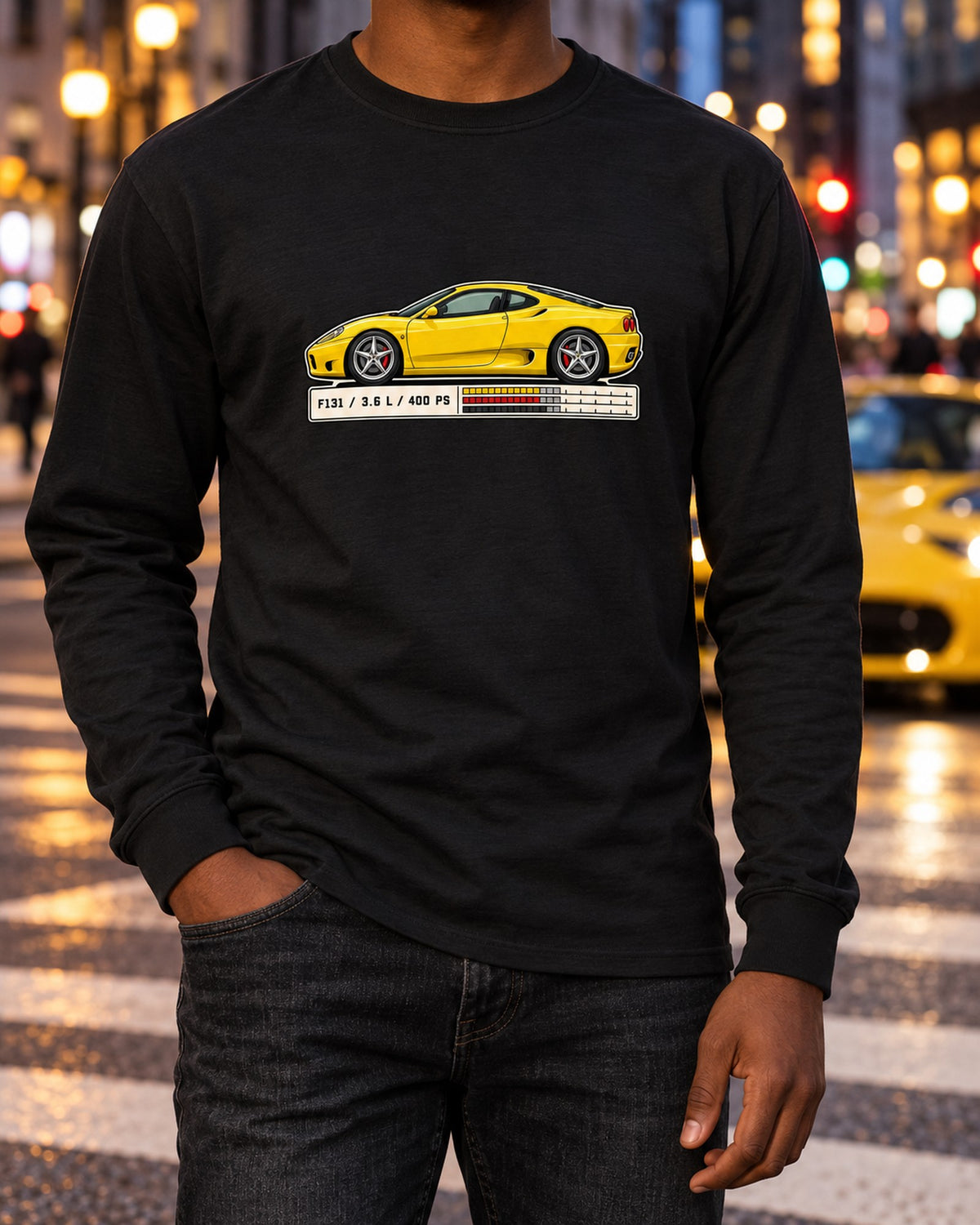 Ferrari 360 Modena F131 Data Plate Shirt, Spec Sheet print Long Sleeve Black worn hero