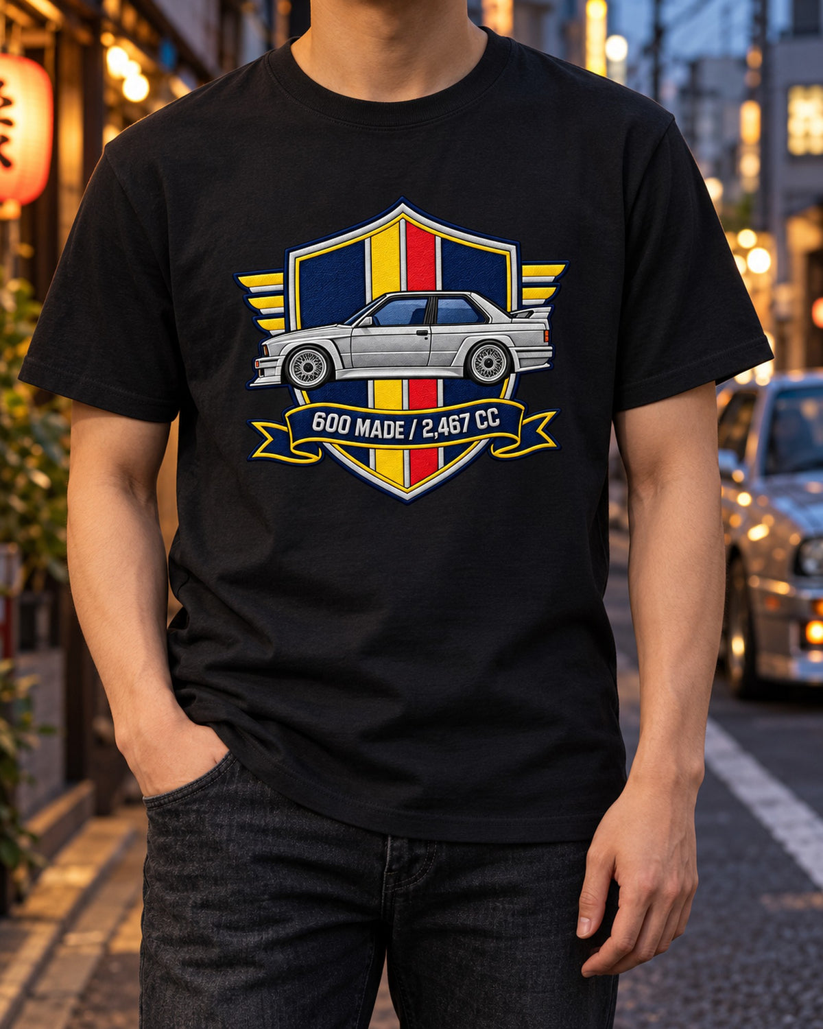 BMW E30 M3 Sport Evo Varsity Crest Shirt, 600 Built T-Shirt Black worn hero