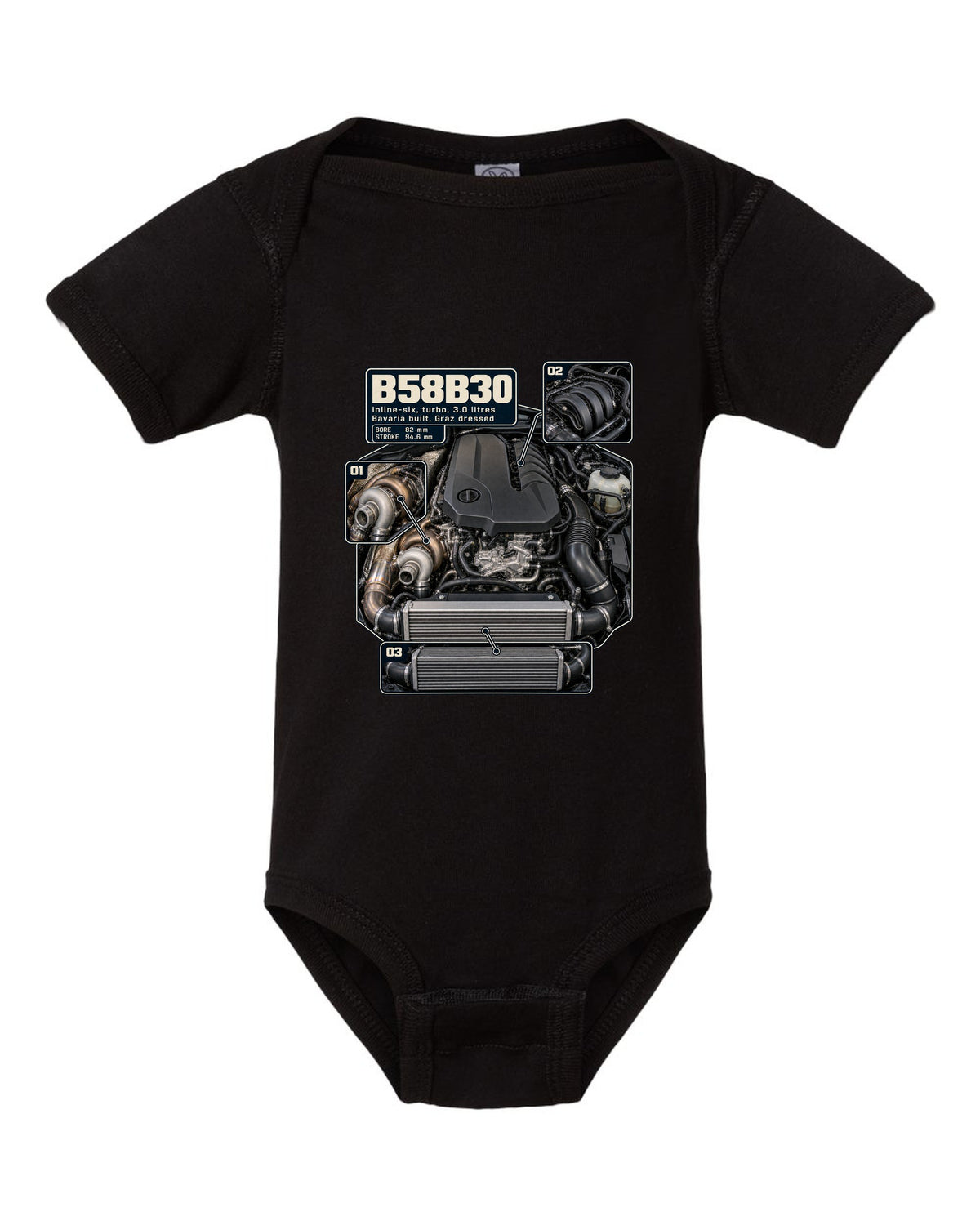 Engine hero print of the BMW B58B30 inline-six from the Z4 M40i black baby onesie front view with the design