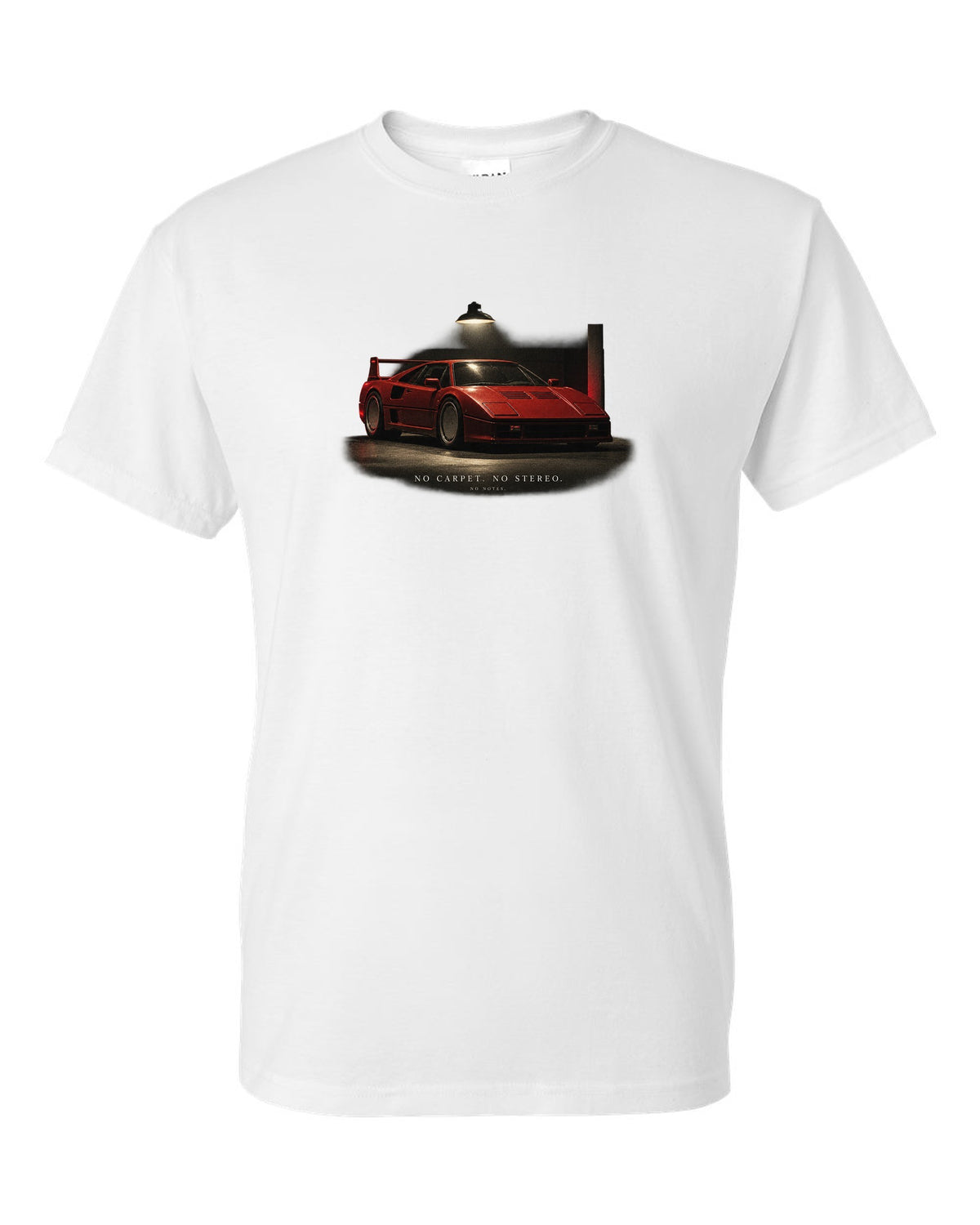 Ferrari F40 1987 front three-quarter at night, print: no carpet, no stereo, no notes white t-shirt front view with the design
