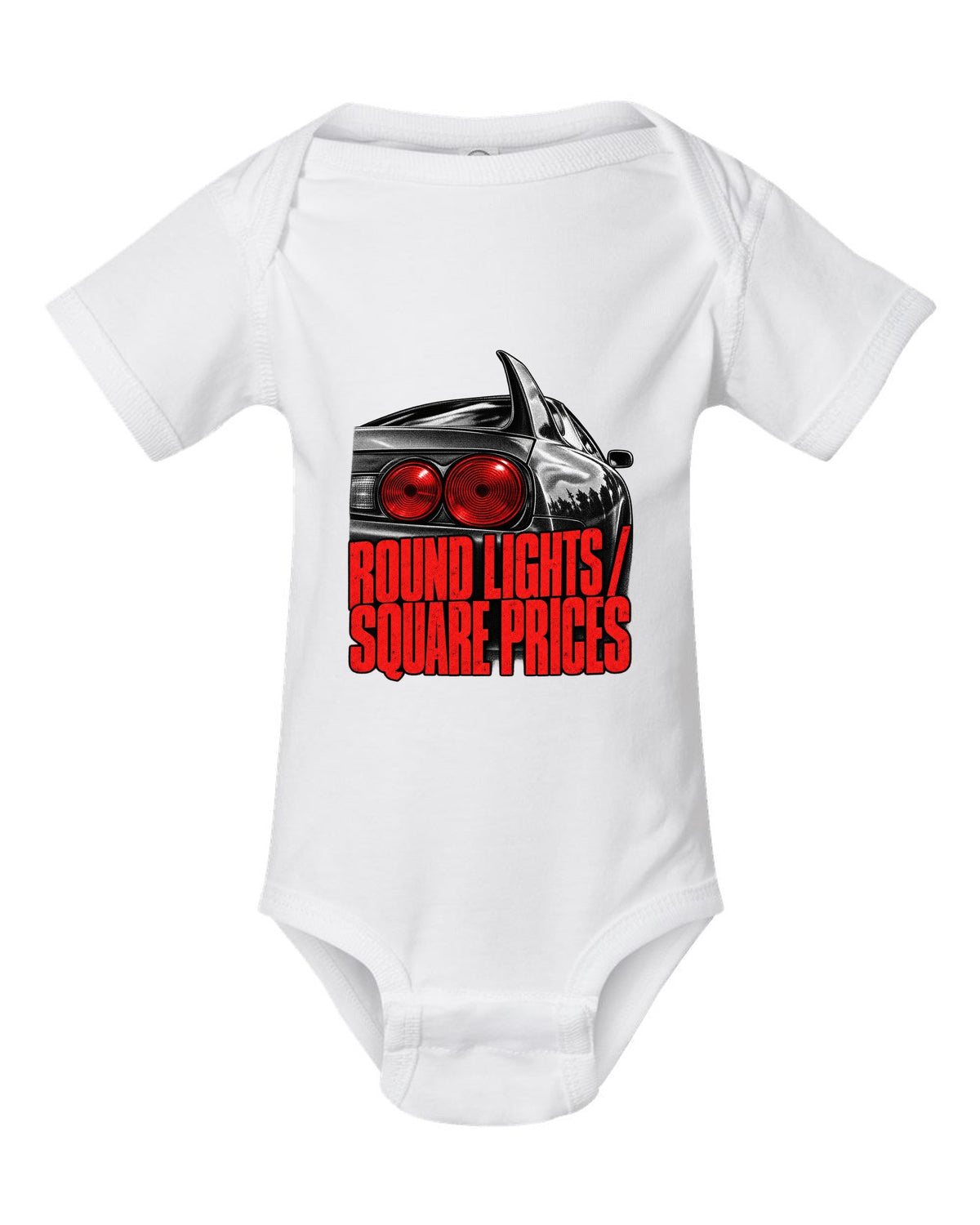 print of a Toyota Supra A80 JZA80 round taillight close-up with the text Round Lights Square Prices white baby onesie front view with the design