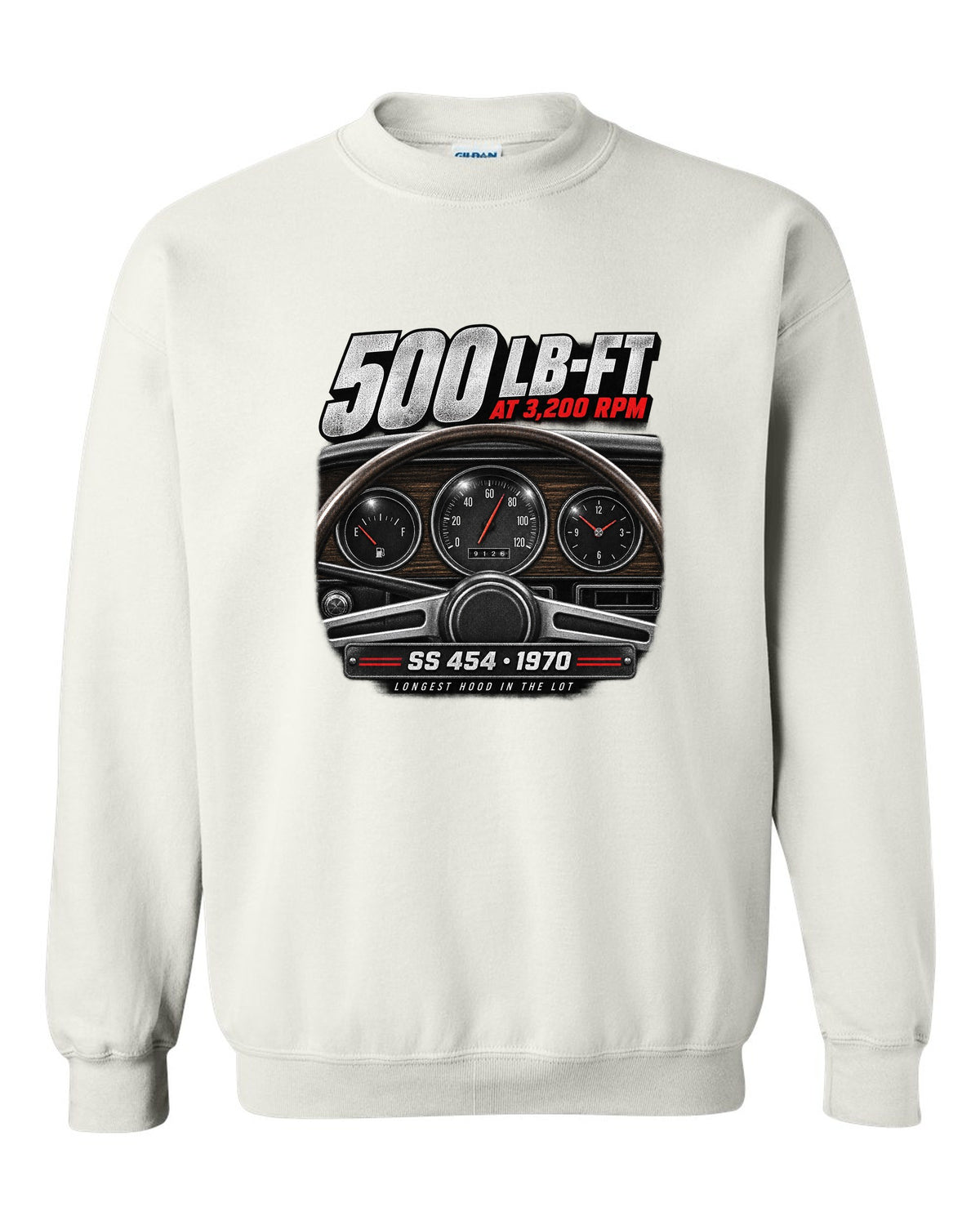 1970 Monte Carlo SS 454 gauge cockpit print with 500 lb-ft torque text white crewneck front view with the design