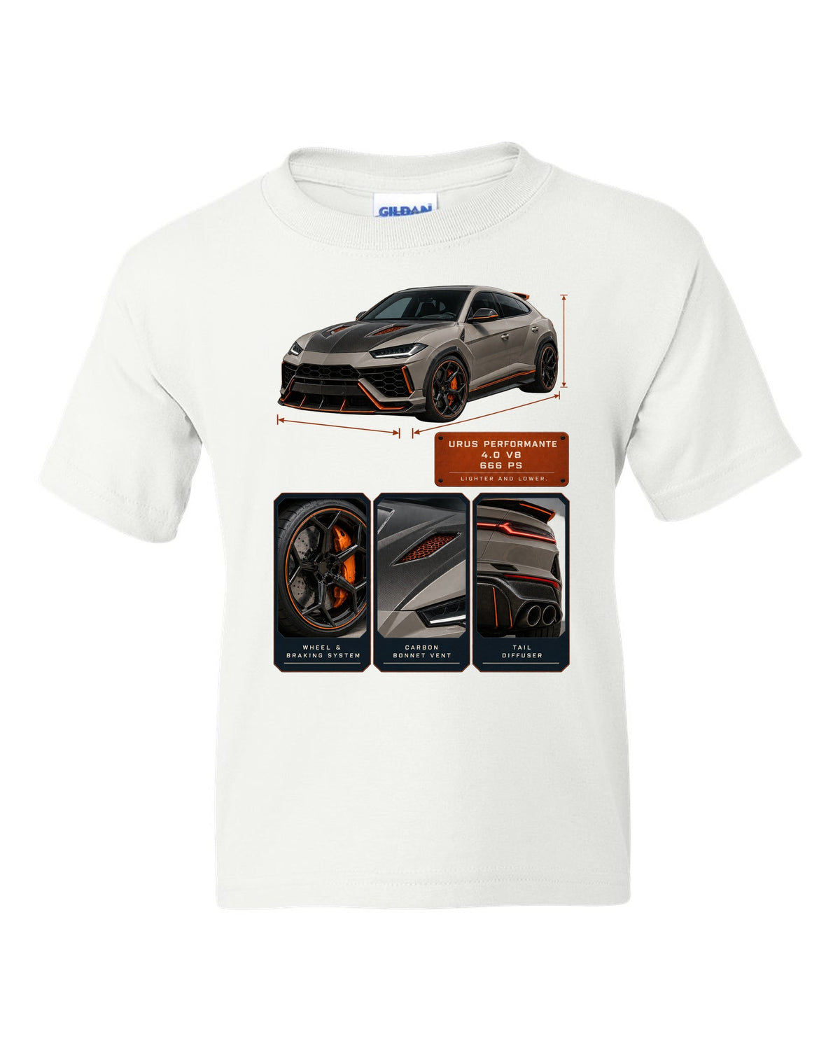 Dossier panel print of the Lamborghini Urus Performante white kids tee front view with the design
