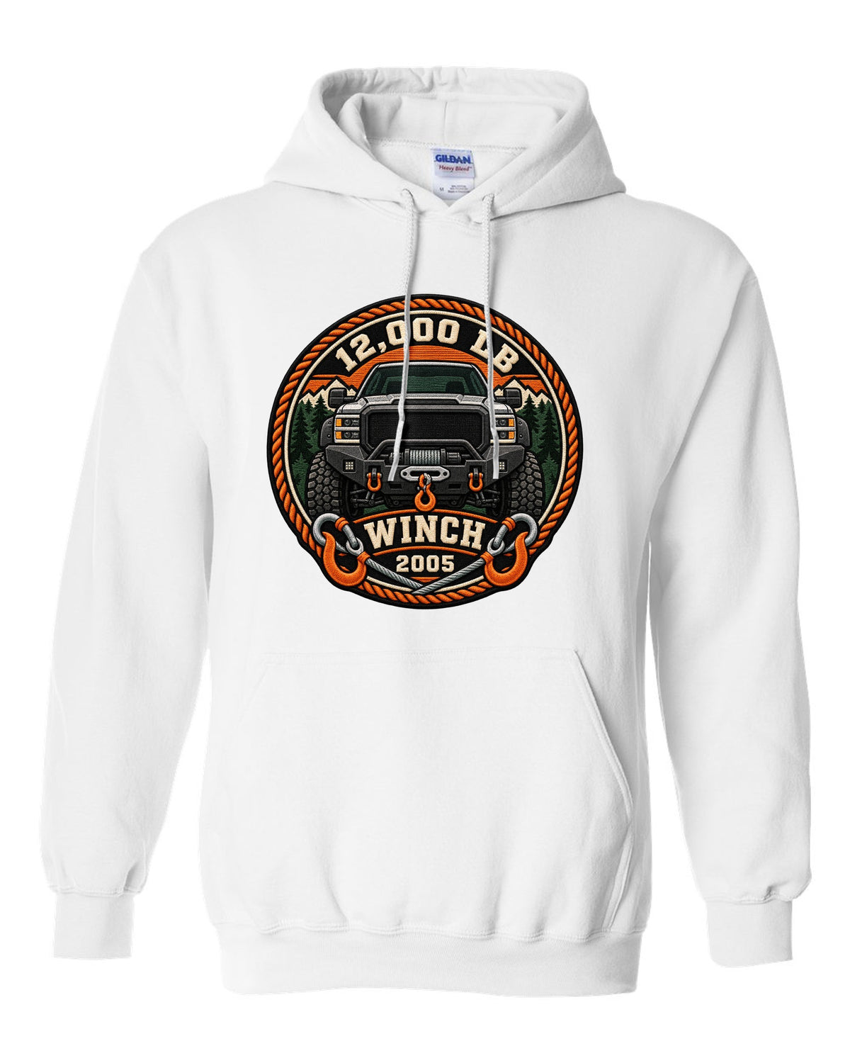 Varsity crest print of a Ram Power Wagon 2500 winch bumper with 12,000 LB winch 2005 text white pull over hoodie front view with the design