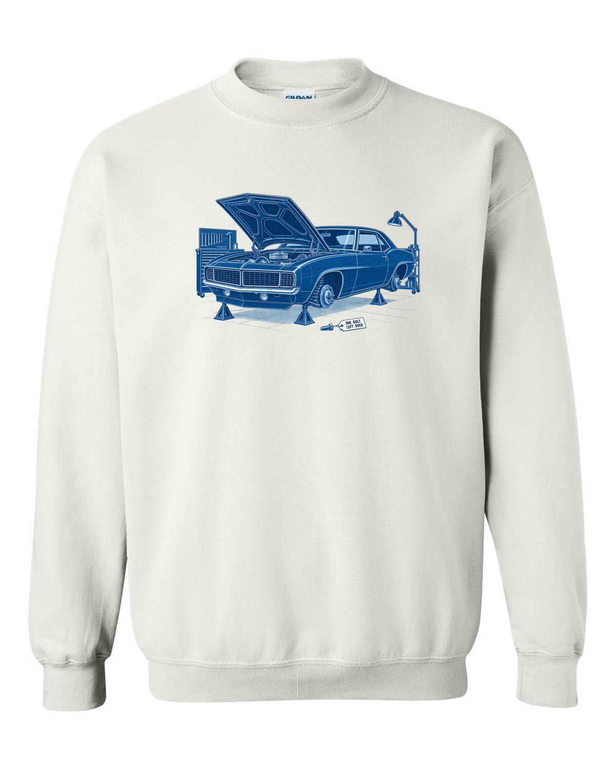 1969 Camaro first-generation in cyanotype negative blueprint style with the text One Bolt Left Over white crewneck front view with the design