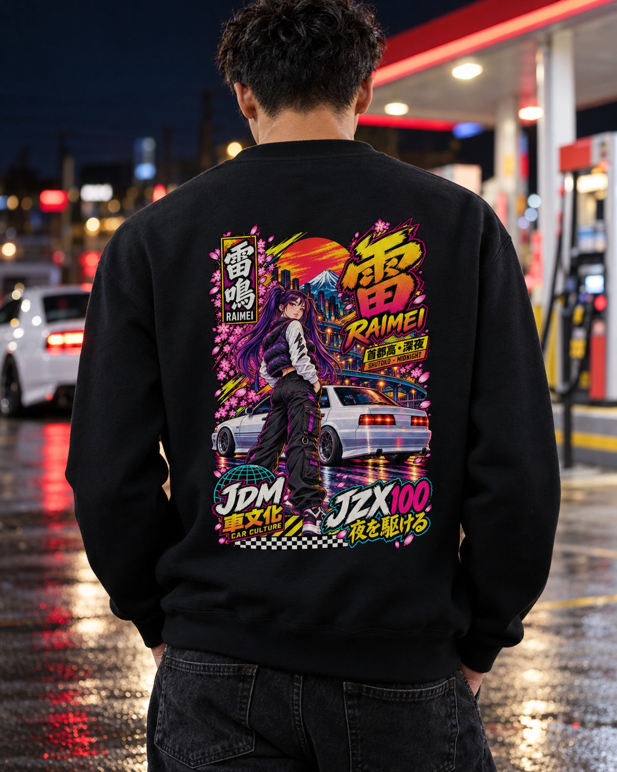 RAIMEI JZX100 Anime Girl Full-Back Graphic Tee Crewneck Black worn hero