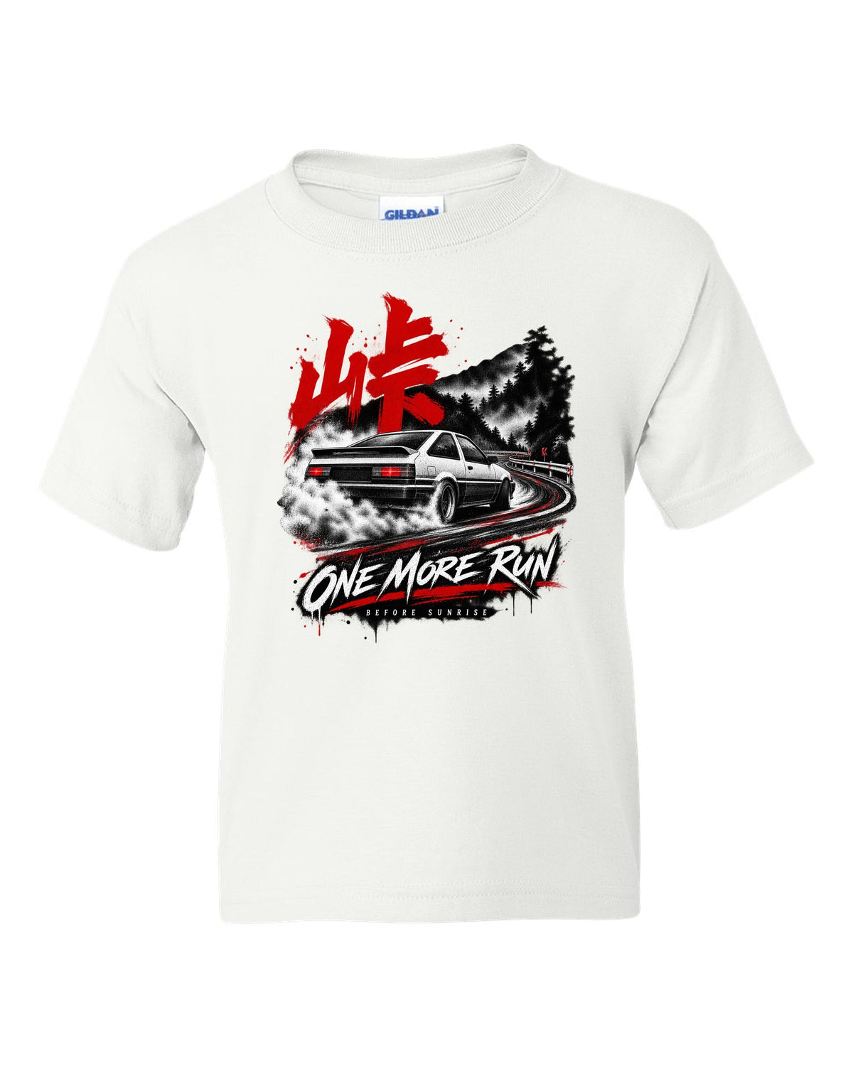 print of a Toyota AE86 Corolla Levin on a night touge road with kanji white kids tee front view with the design