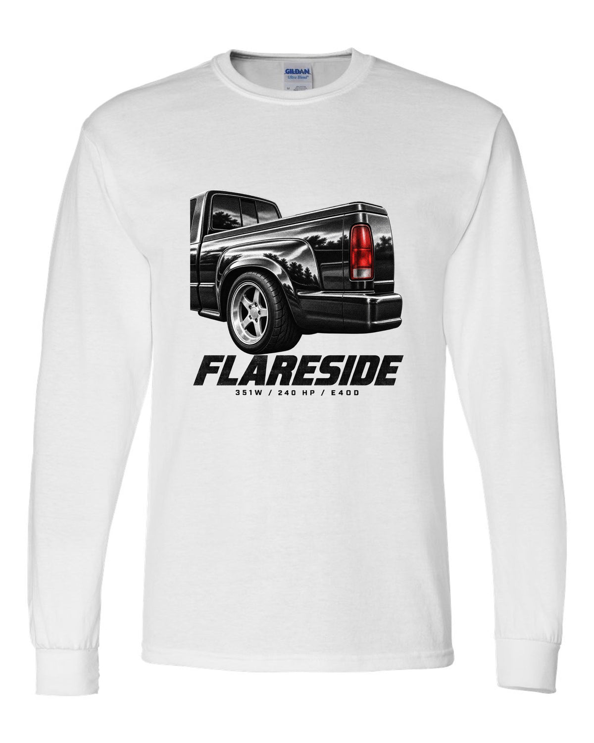 Ford F-150 SVT Lightning 1993-95 flareside taillight macro print with 351W and 240 HP white long sleeve front view with the design
