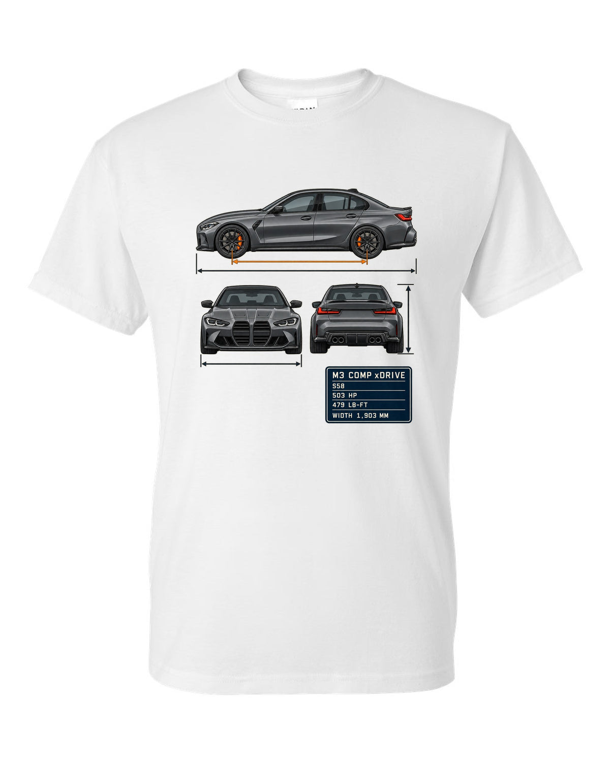 BMW M3 Competition xDrive G80 three-view drawing with spec table print white t-shirt front view with the design