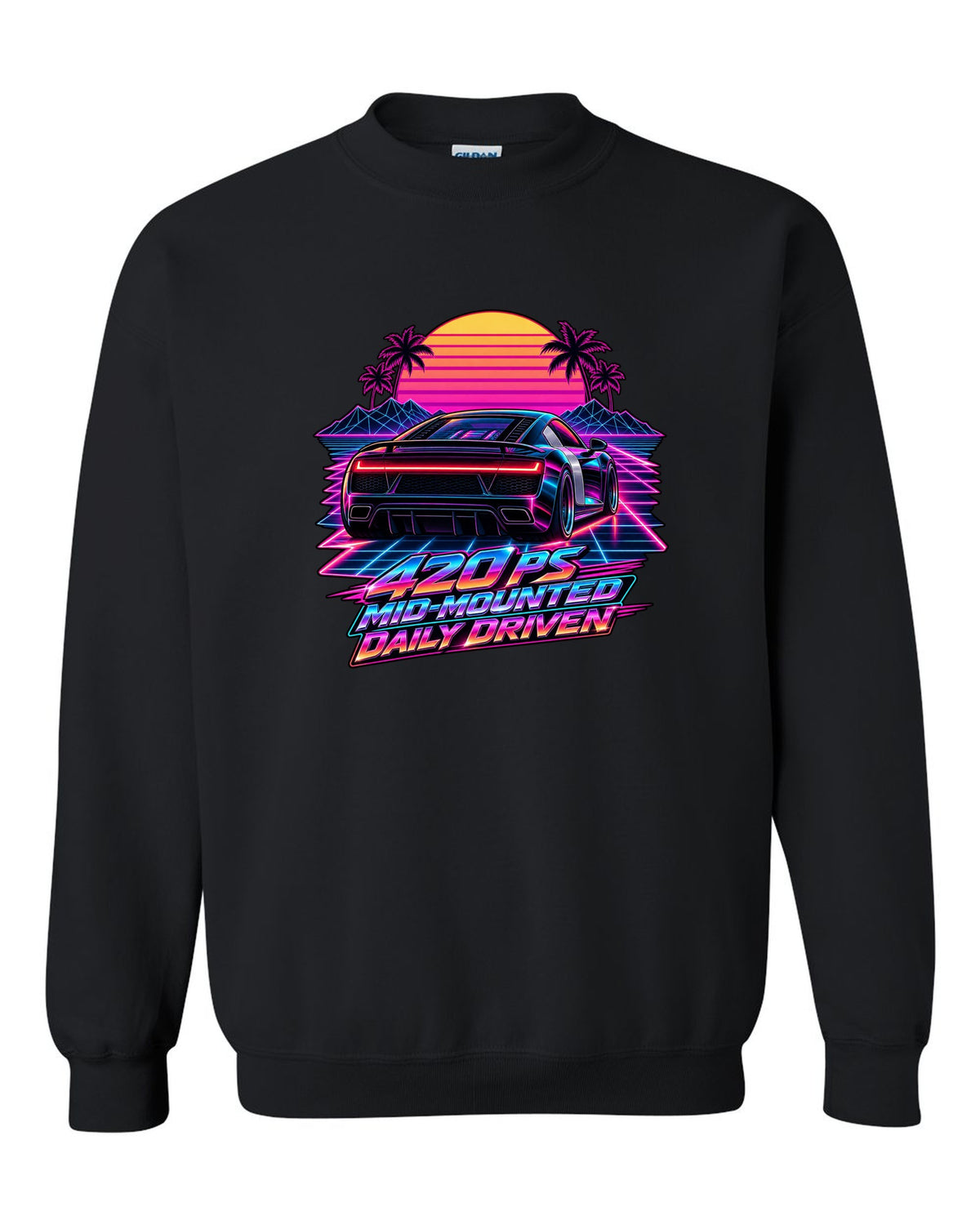 80s synthwave print of an Audi R8 Type 42 rear lights with Daily Driven text black crewneck front view with the design