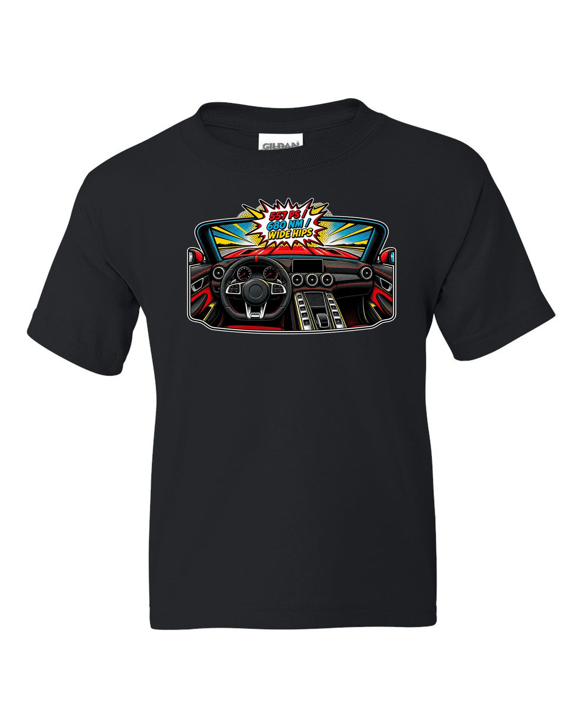 Isometric topographic route map of the Nordschleife with Flugplatz and Schwedenkreuz text for a Mercedes AMG GT C190 black kids tee front view with the design