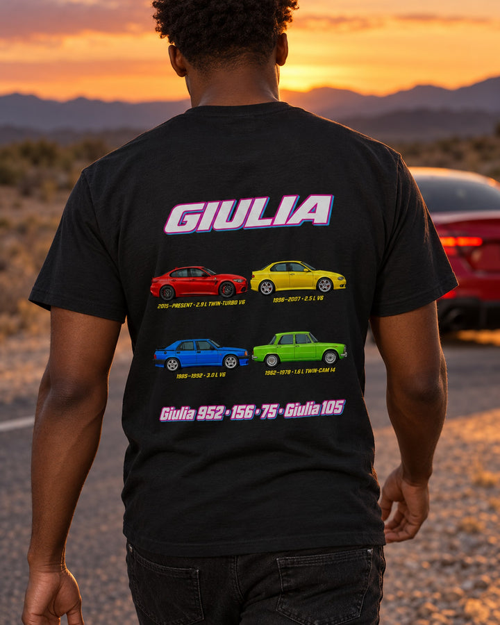 Alfa Giulia Evolution Poster Full-Back Graphic Tee T-Shirt Black worn hero
