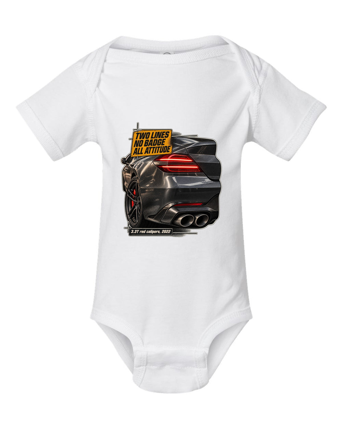 Taillight macro print of the Genesis G70 3.3T rear with two light lines white baby onesie front view with the design