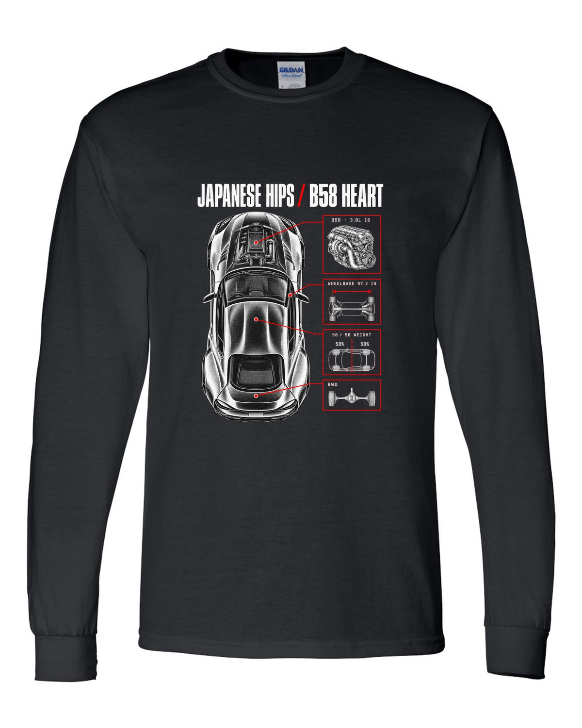 Spec poster print of a Toyota GR Supra A90 with the text Japanese Hips B58 Heart black long sleeve front view with the design