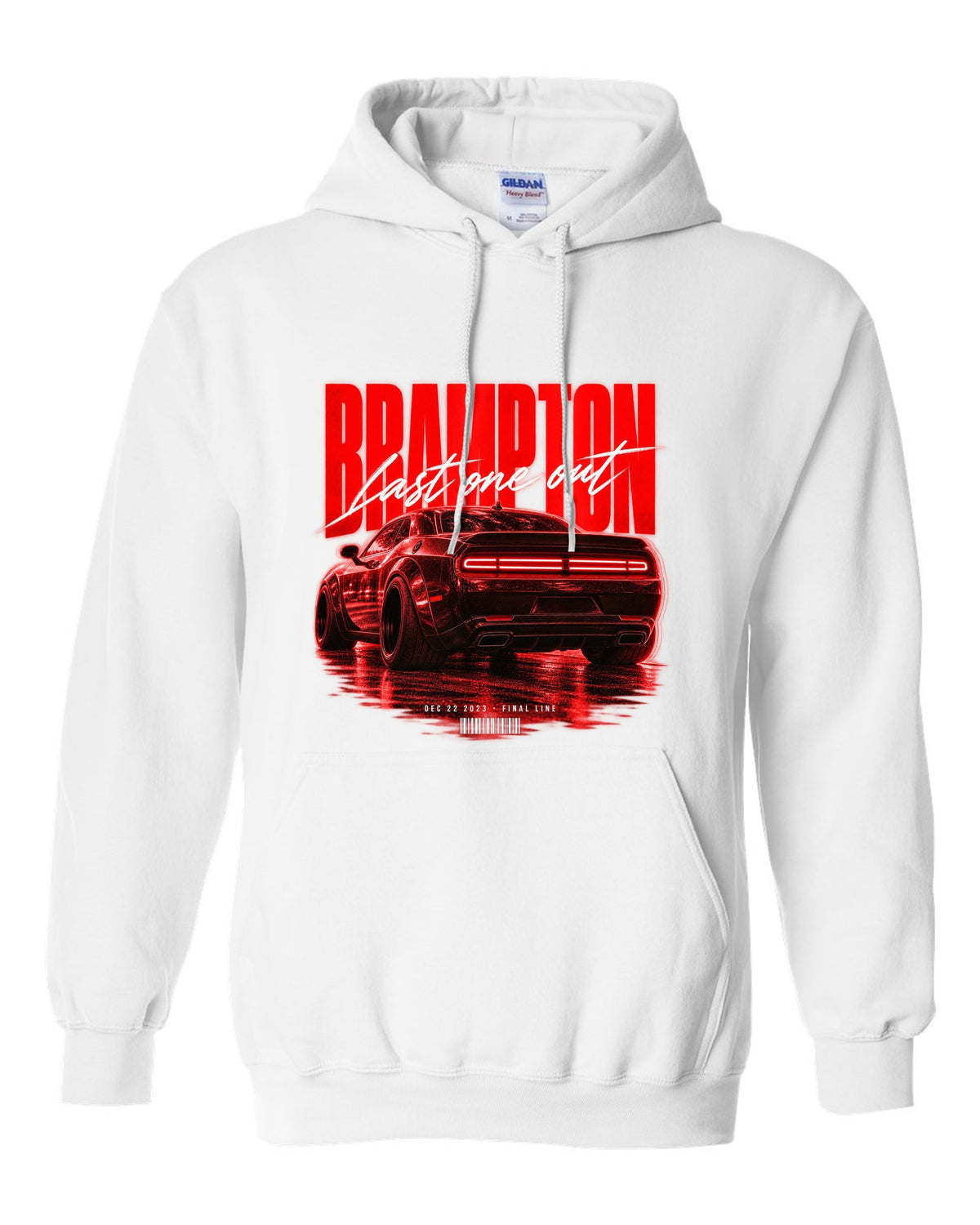 Street poster print of a 2023 Dodge Challenger Widebody with Brampton last one out Dec 22 2023 text white pull over hoodie front view with the design