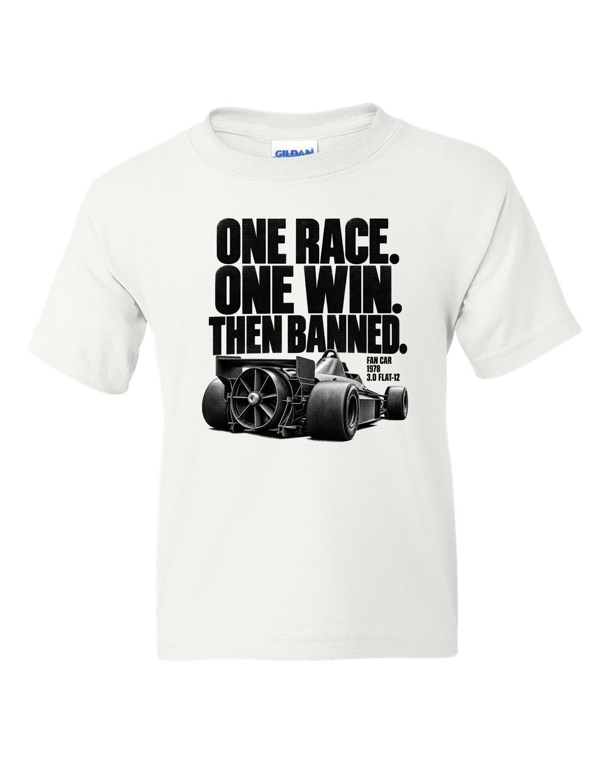 Brabham BT46B fan car halftone print with one race one win text white kids tee front view with the design