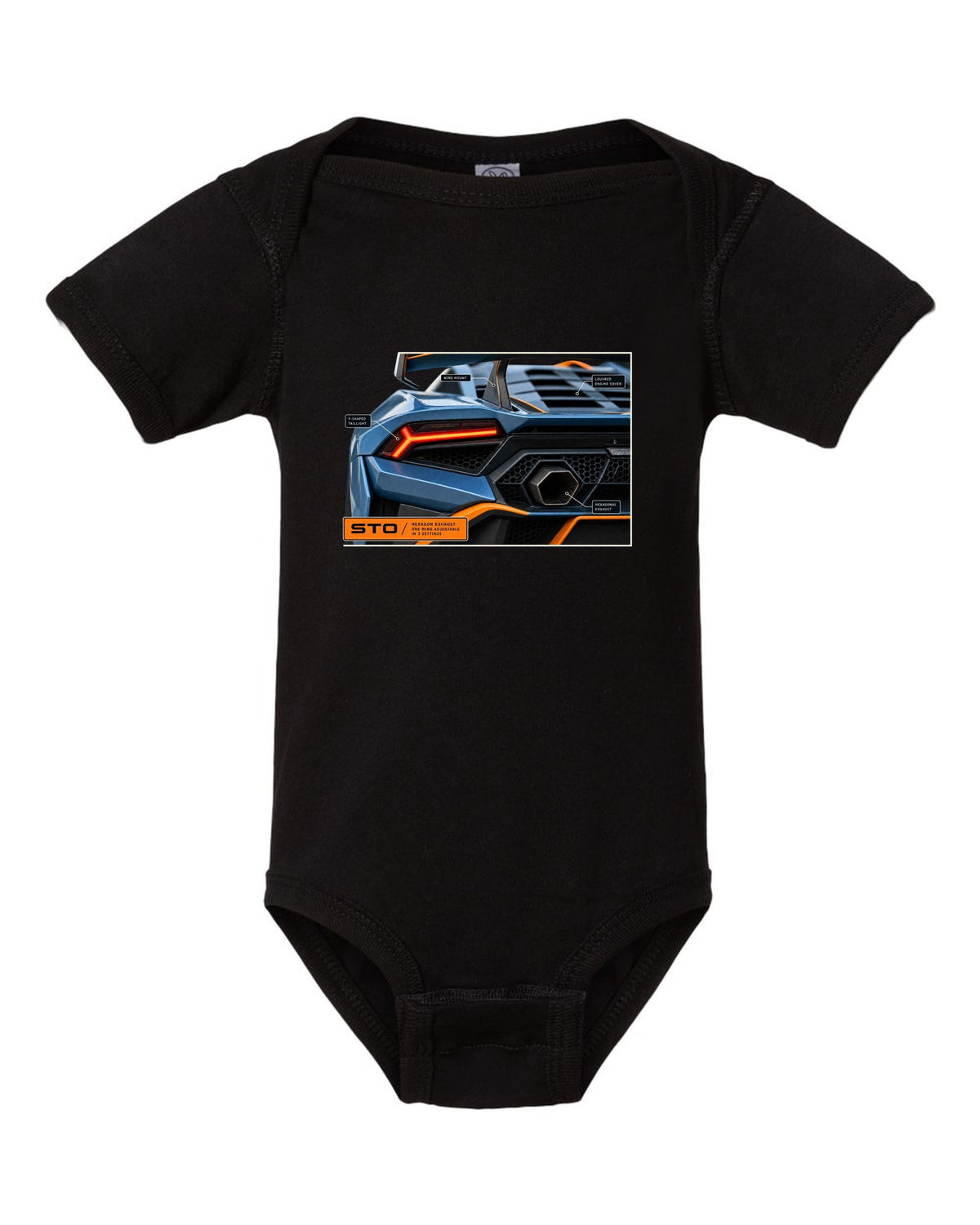 Taillight and hexagon exhaust macro print of the Lamborghini Huracan STO black baby onesie front view with the design