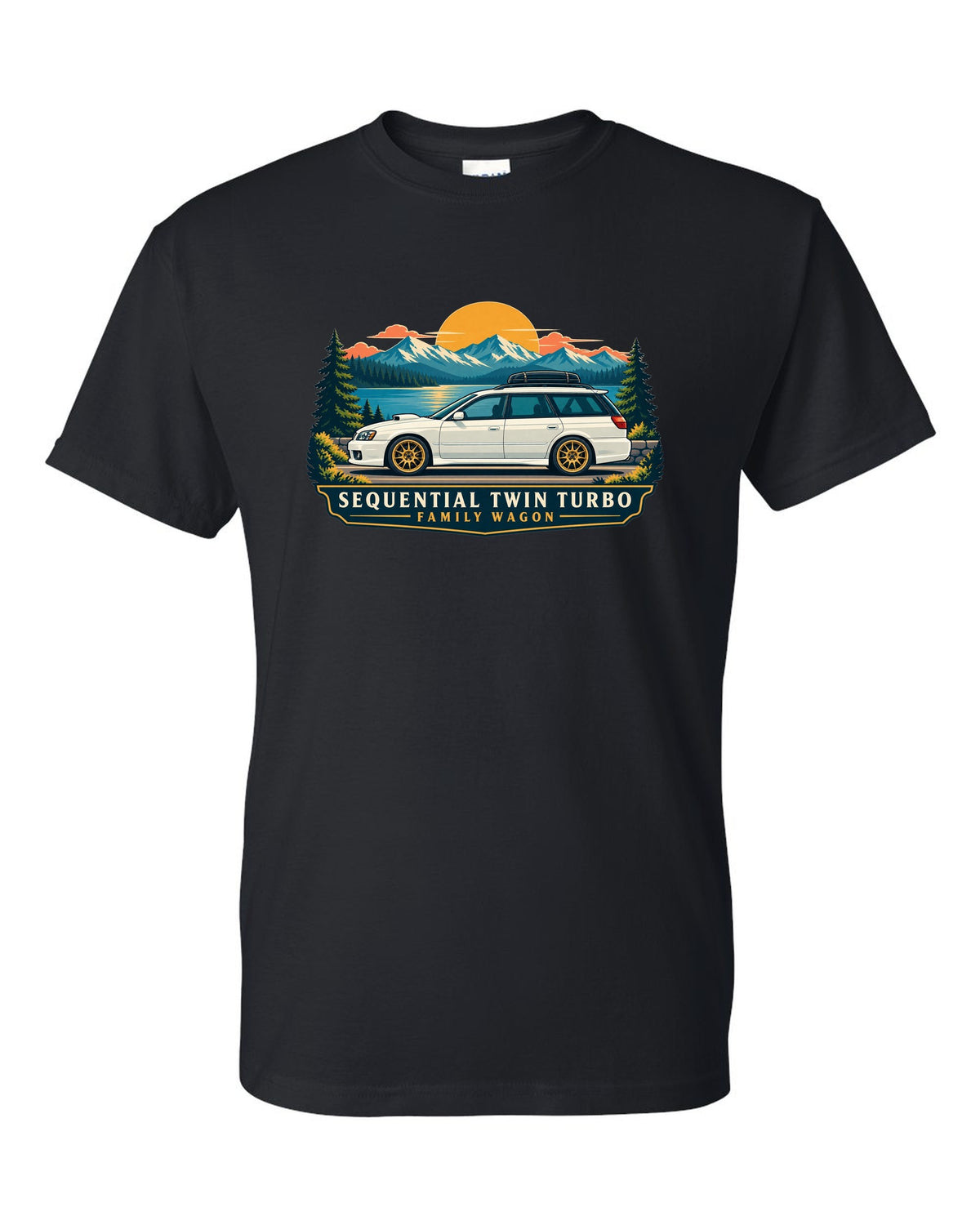 Subaru Legacy BC5 RS as a linocut, 100,000 KM / AT 223 KM/H black t-shirt front view with the design