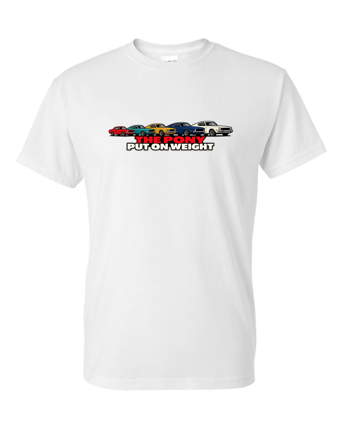 Generation evolution lineup print of five first-generation Ford Mustangs 1965-73 white t-shirt front view with the design