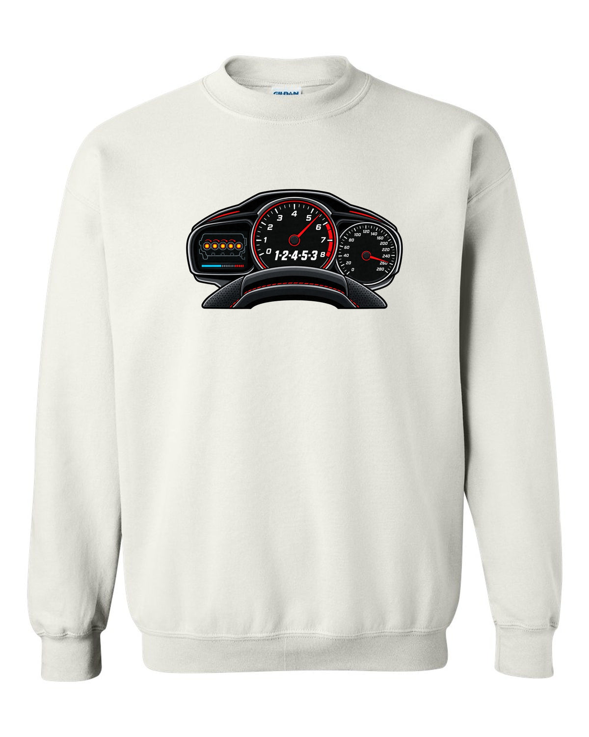 Flat gauge cluster print for the Audi RS3 8V showing the 1-2-4-5-3 firing order white crewneck front view with the design