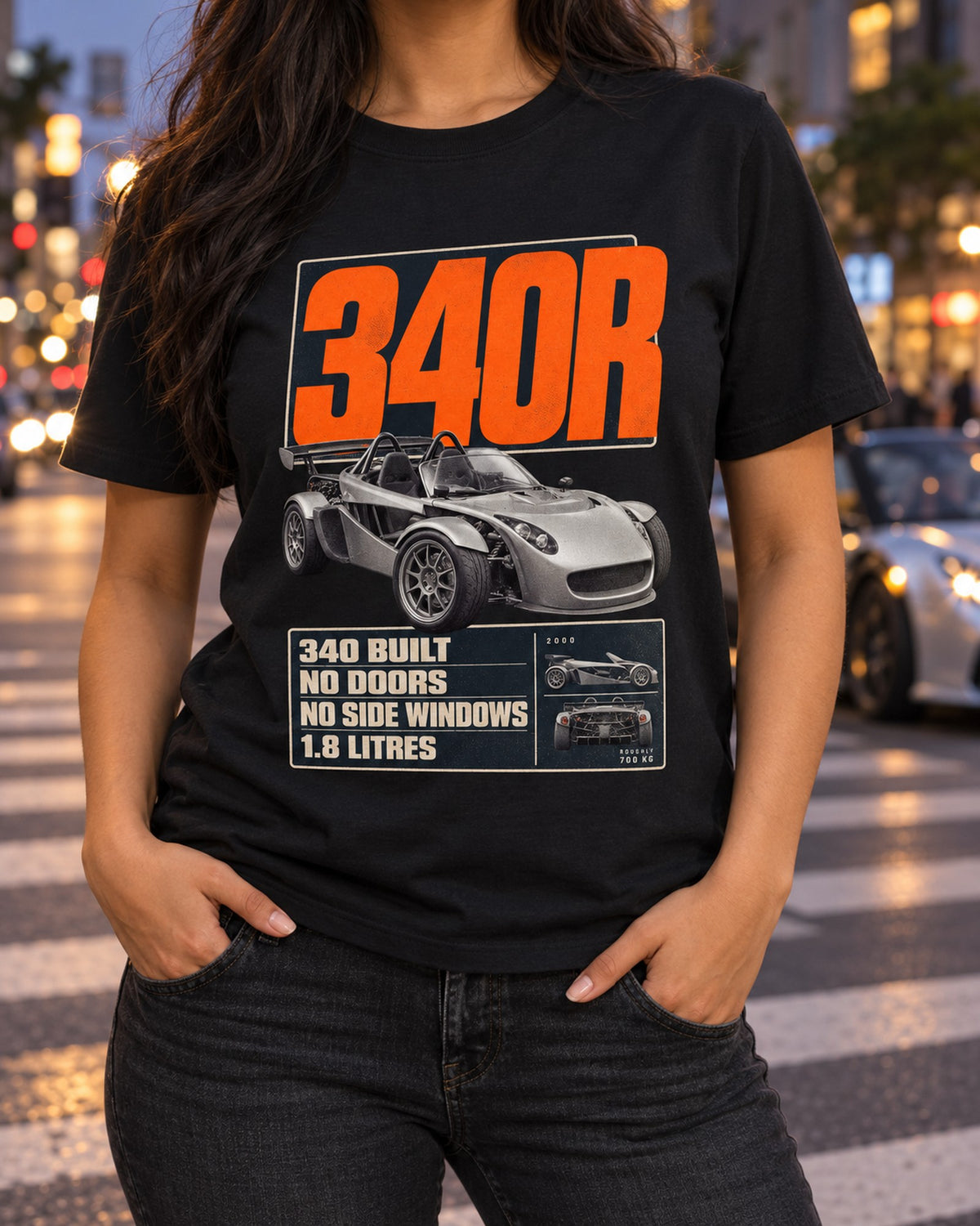 Lotus Elise 340R Editorial print Shirt, Car Guy Tee T-Shirt Black worn hero