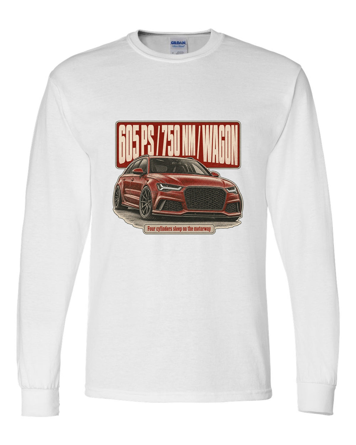 Audi RS6 Avant Performance C7 halftone statement print with 605 PS white long sleeve front view with the design