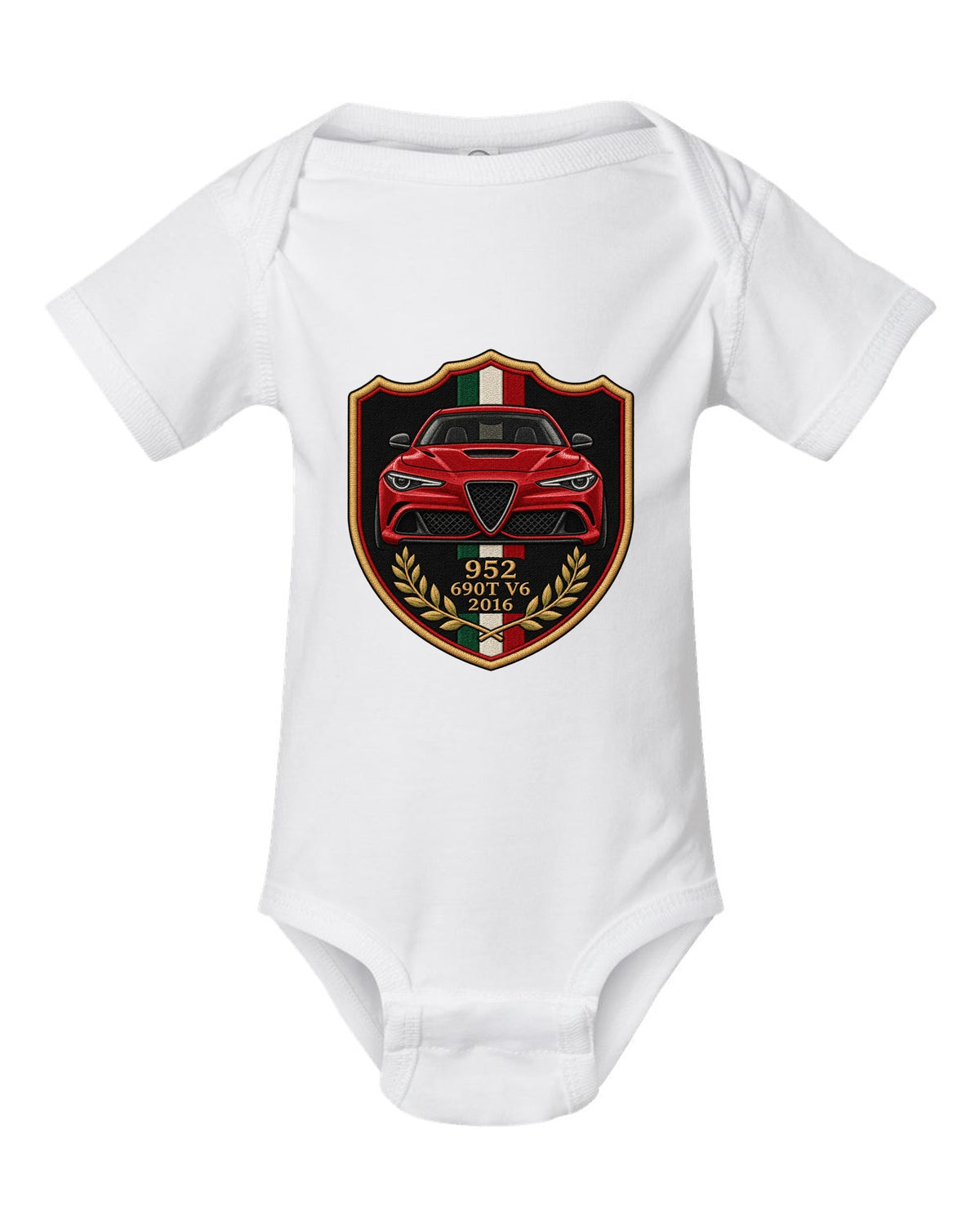 Embroidery style varsity crest for an Alfa Romeo Giulia Quadrifoglio 952 with 690T V6 and 2016 white baby onesie front view with the design