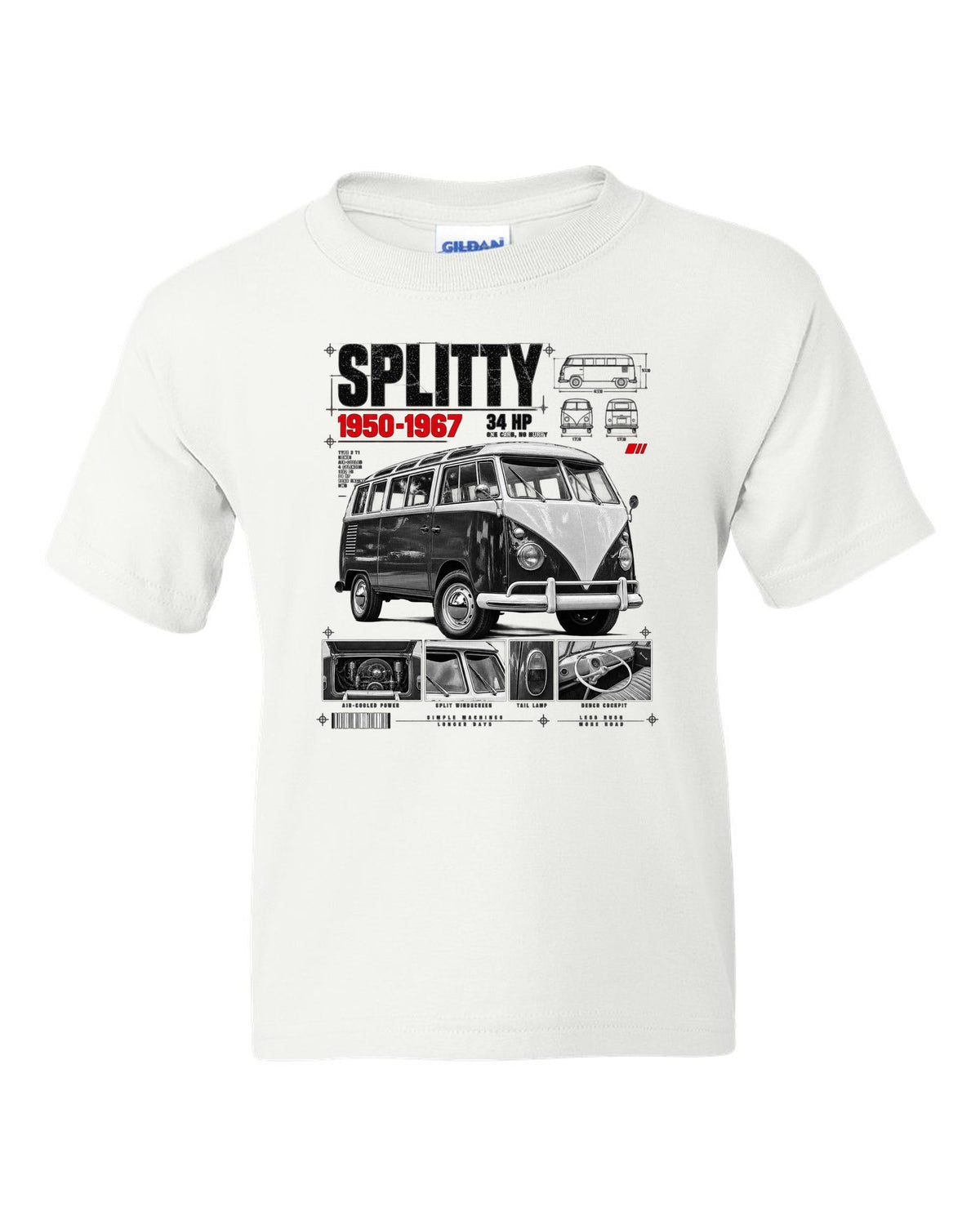 Dossier panel print of a 1962 VW T1 split-window Kombi with spec text white kids tee front view with the design