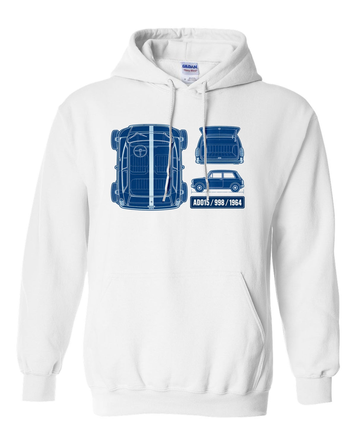 1964 Mini Cooper Mk I ADO15 in a white-on-blue cyanotype blueprint style white pull over hoodie front view with the design