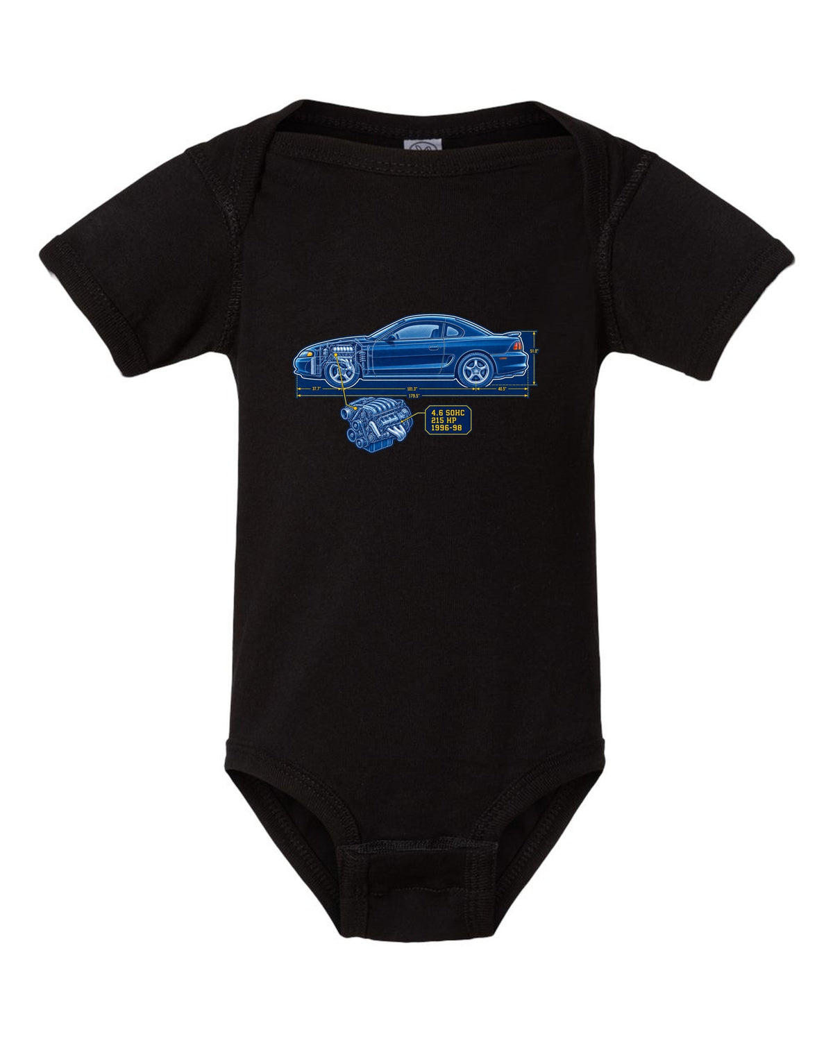 Cyanotype blueprint print of a 1994-98 Ford Mustang SN95 coupe black baby onesie front view with the design