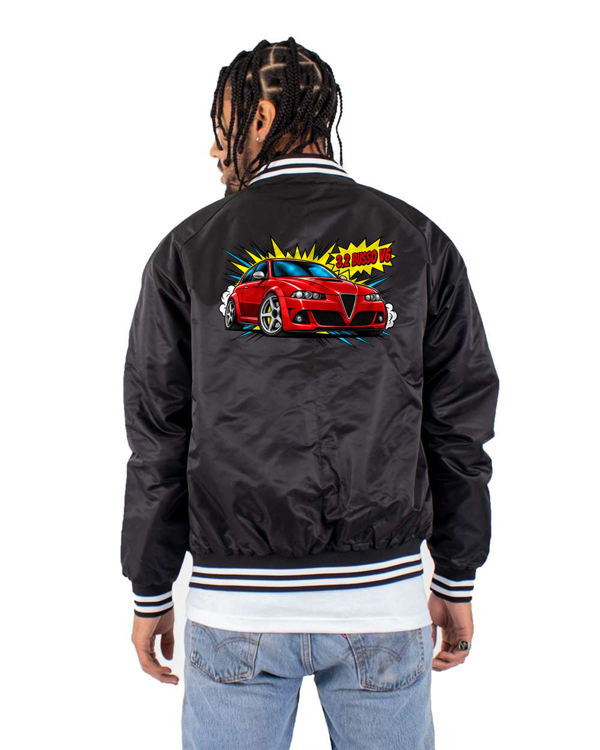 Alfa Romeo 147 GTA Comic Halftone Pop Art Tee, 3.2 Busso V6 Bomber Jacket Black back