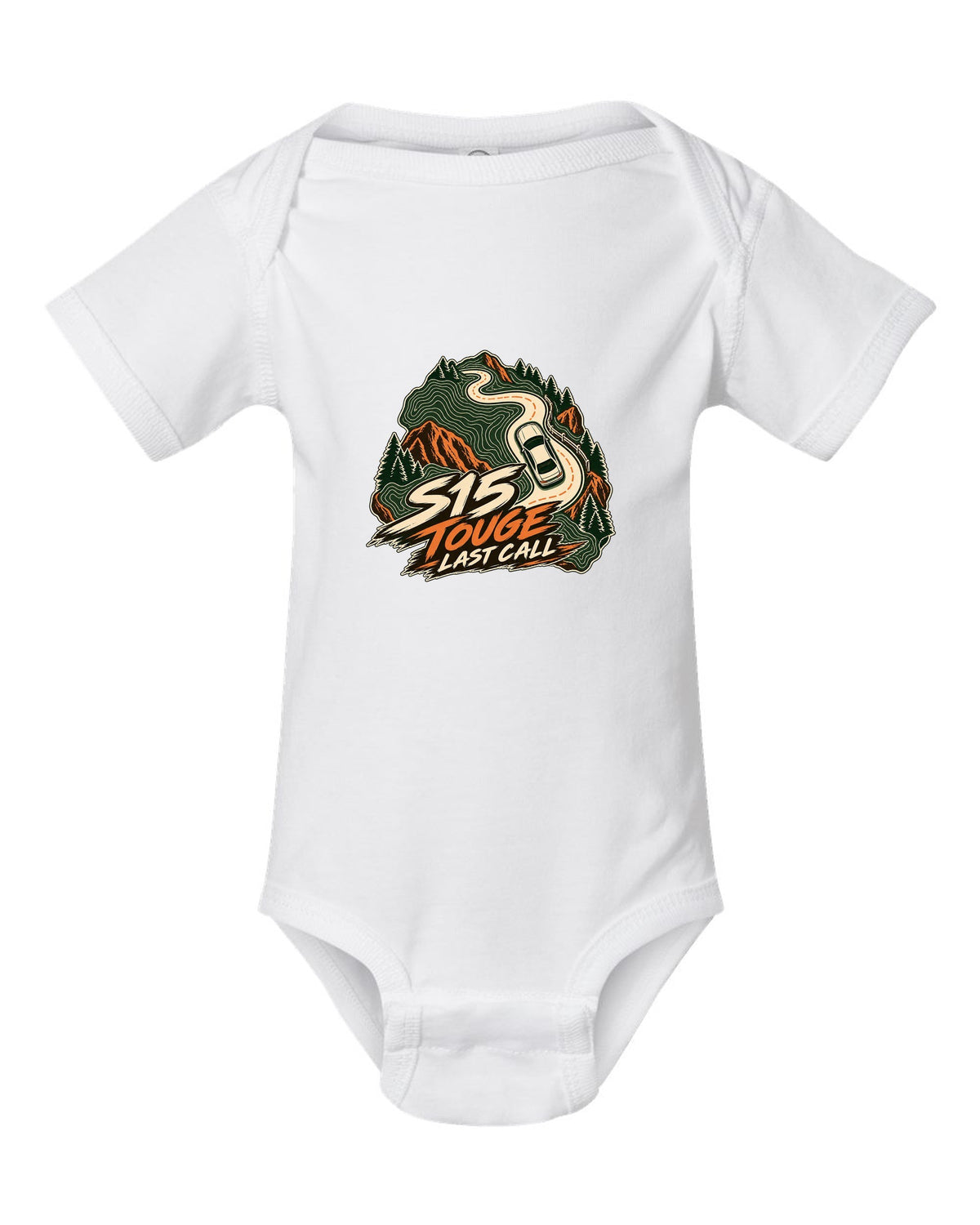Topographic contour map line art of a mountain road with a Nissan Silvia S15 white baby onesie front view with the design
