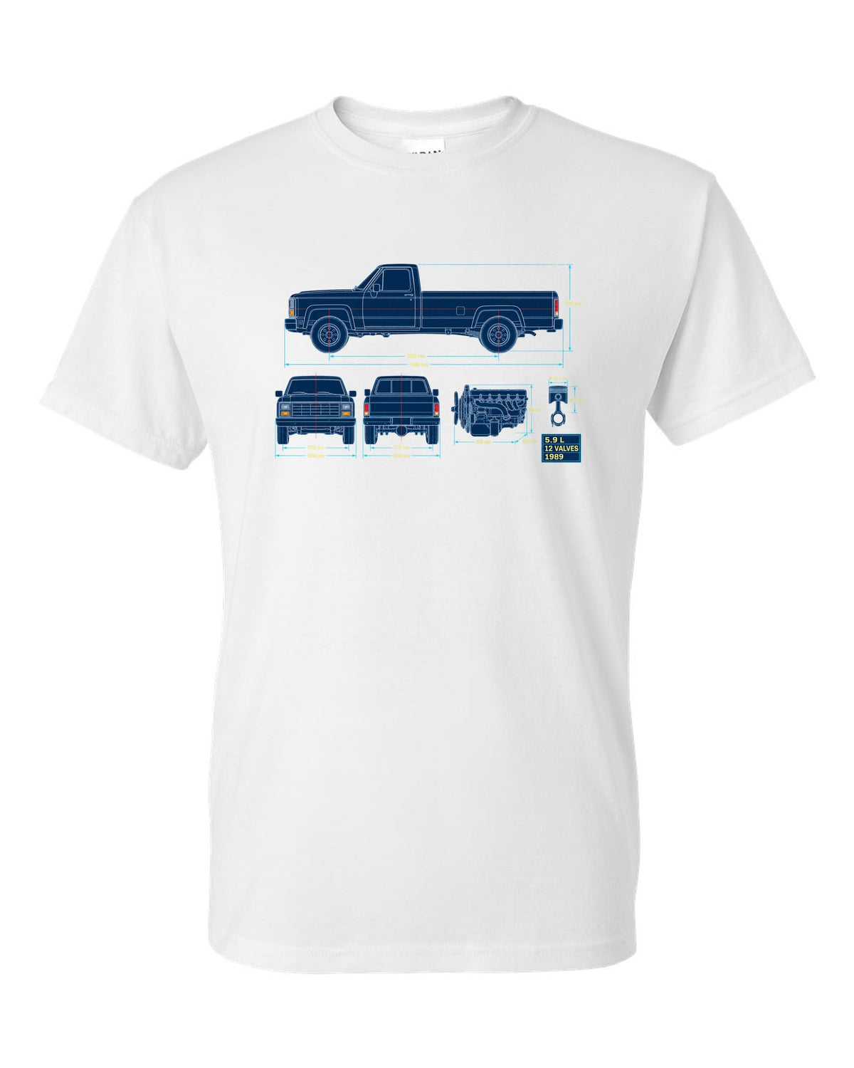 Blueprint line art print of a 1989-1993 Dodge Ram D250 Cummins with 5.9 L and 12 valves white t-shirt front view with the design